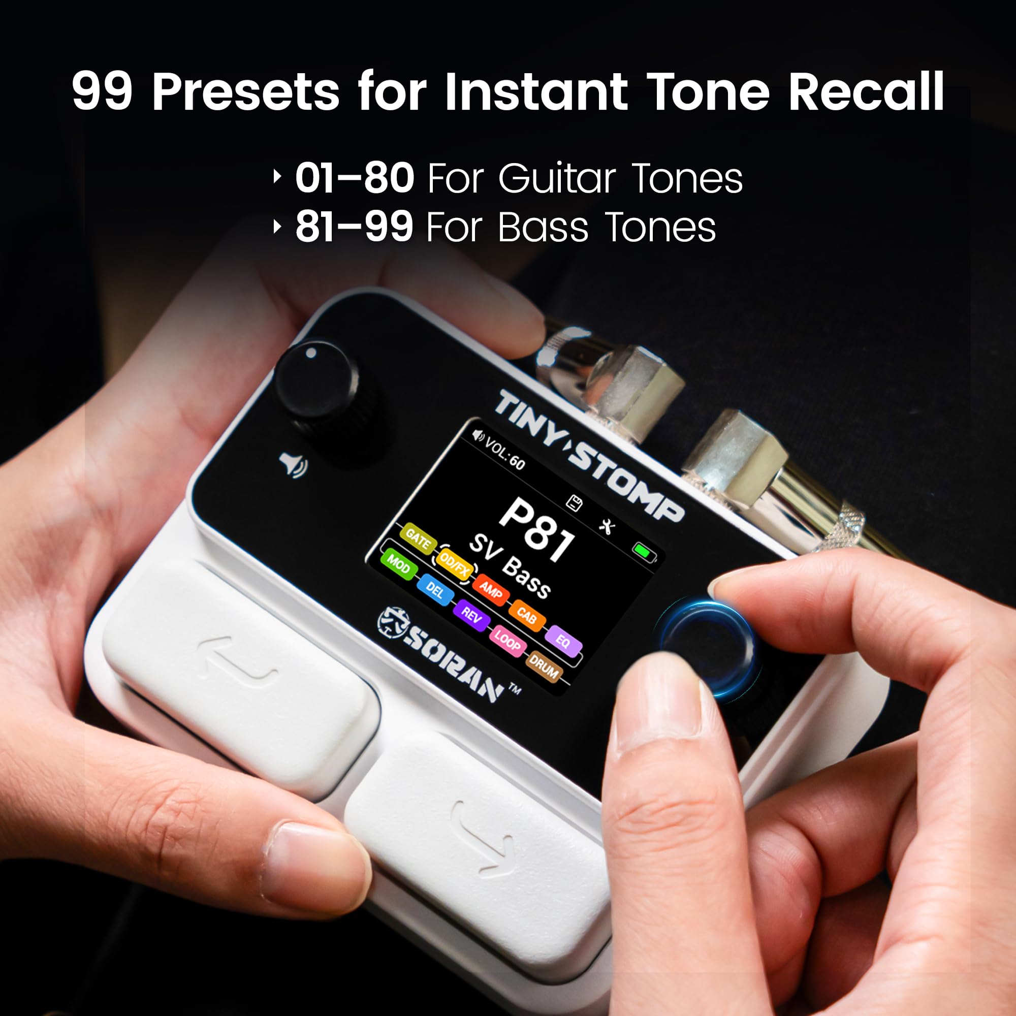 SORAN Tiny Stomp - Pedale per chitarra multi effetto, 125 effetti, 99 preset, 10 moduli, 40s Looper, 100 ritmi di batteria, 20 slot IR/NAM, interfaccia audio USB, pedale tascabile ricaricabile per