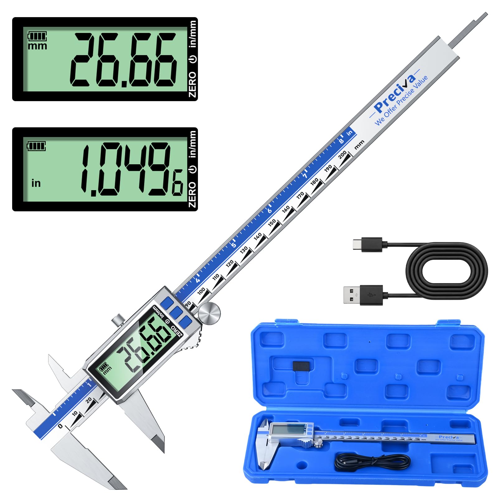 Preciva Digitaler Messschieber 200mm Wiederaufladbar, Edelstahl Schieblehre Digital mit LCD-Display, Type-C Schnellladung, Elektronischer Messschieber für DIY & Industrie