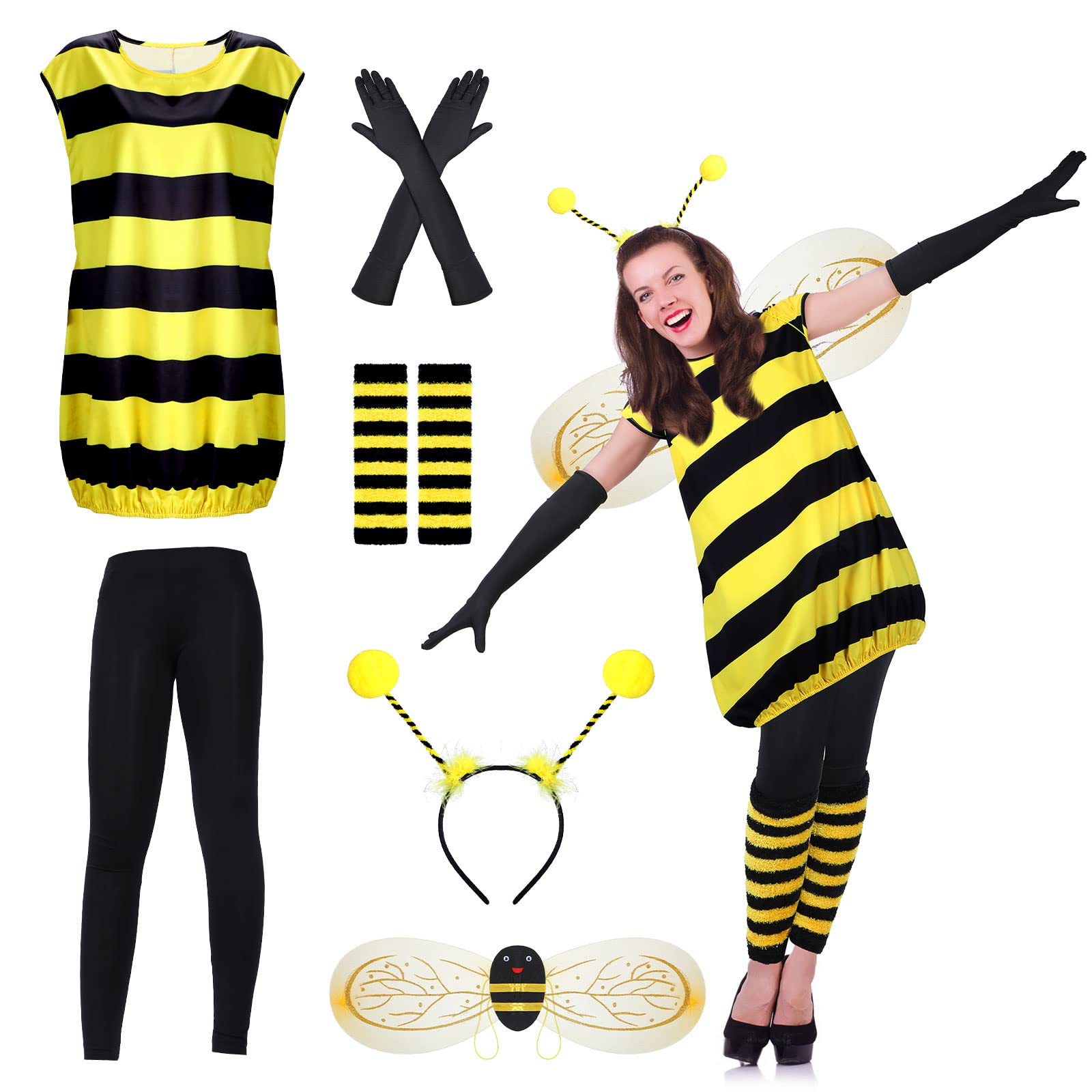 8 Pcs Bee Costume Set Bee Fancy Dress Wing Fuzzy Leg Warmers Pants Gloves Bee Outfit for Women Halloween Cosplay Party