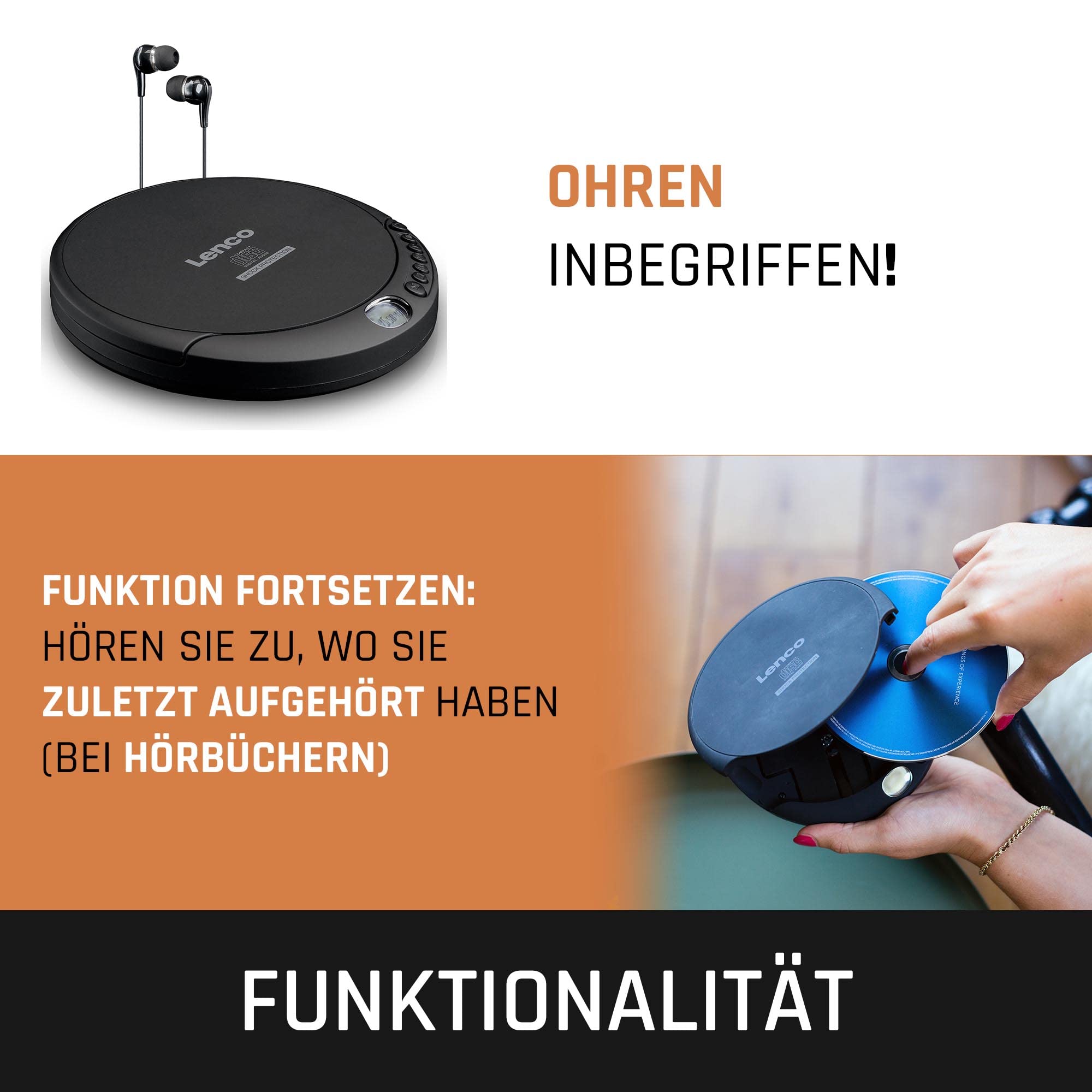Lenco CD-200 - CD-Player - Auch für Kinder - Discman - Tragbar | CD Spieler- LCD-Display - Anti shock - Hörbuchfunktion - Kopfhörer - H USB-Ladekabel - Schwarz