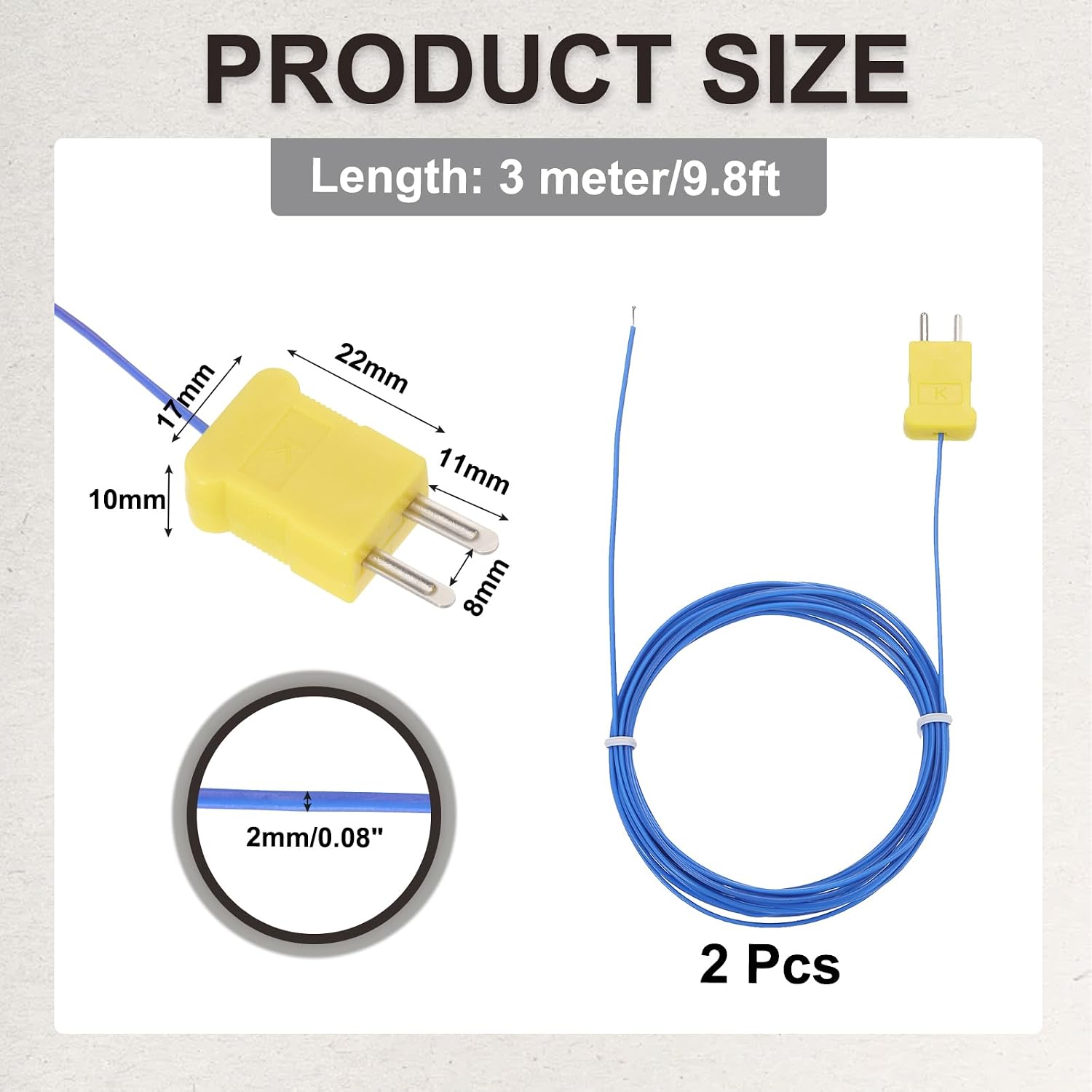 MECCANIXITY K Type Thermocouple Probe Mini Connector Temperature Sensor Universal for TM-902C TES1310 Thermometer, 0-220C 9.8ft Blue