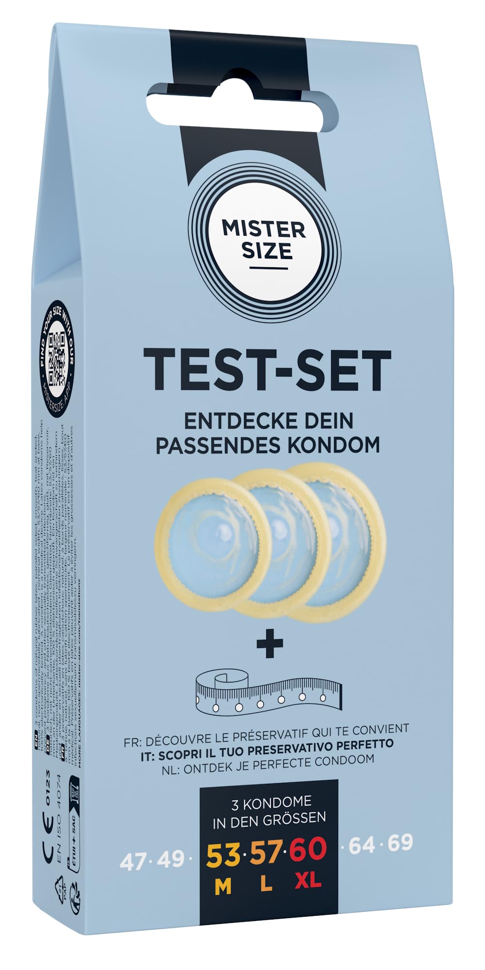 MISTER SIZE Kondome 3 Stück TEST-SET (53-57-60 mm) mit Maßband/extra dünn, extra fein, extra feucht, gefühlsecht hauchzart