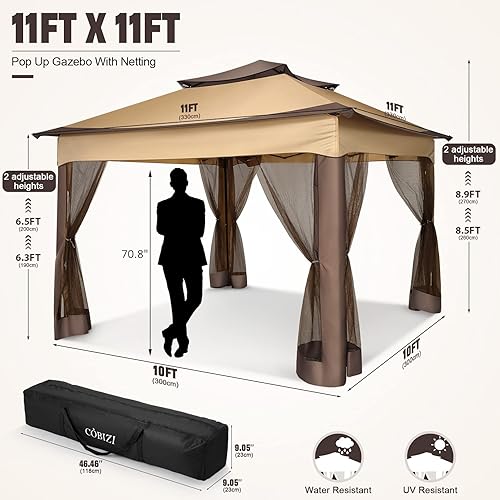 Miniatura 8 de COBIZI Glorieta desplegable para patio, 11 x 11 pies, con mosquitera, refugio para exteriores con doble ventilación de techo, 121 pies cuadrados de