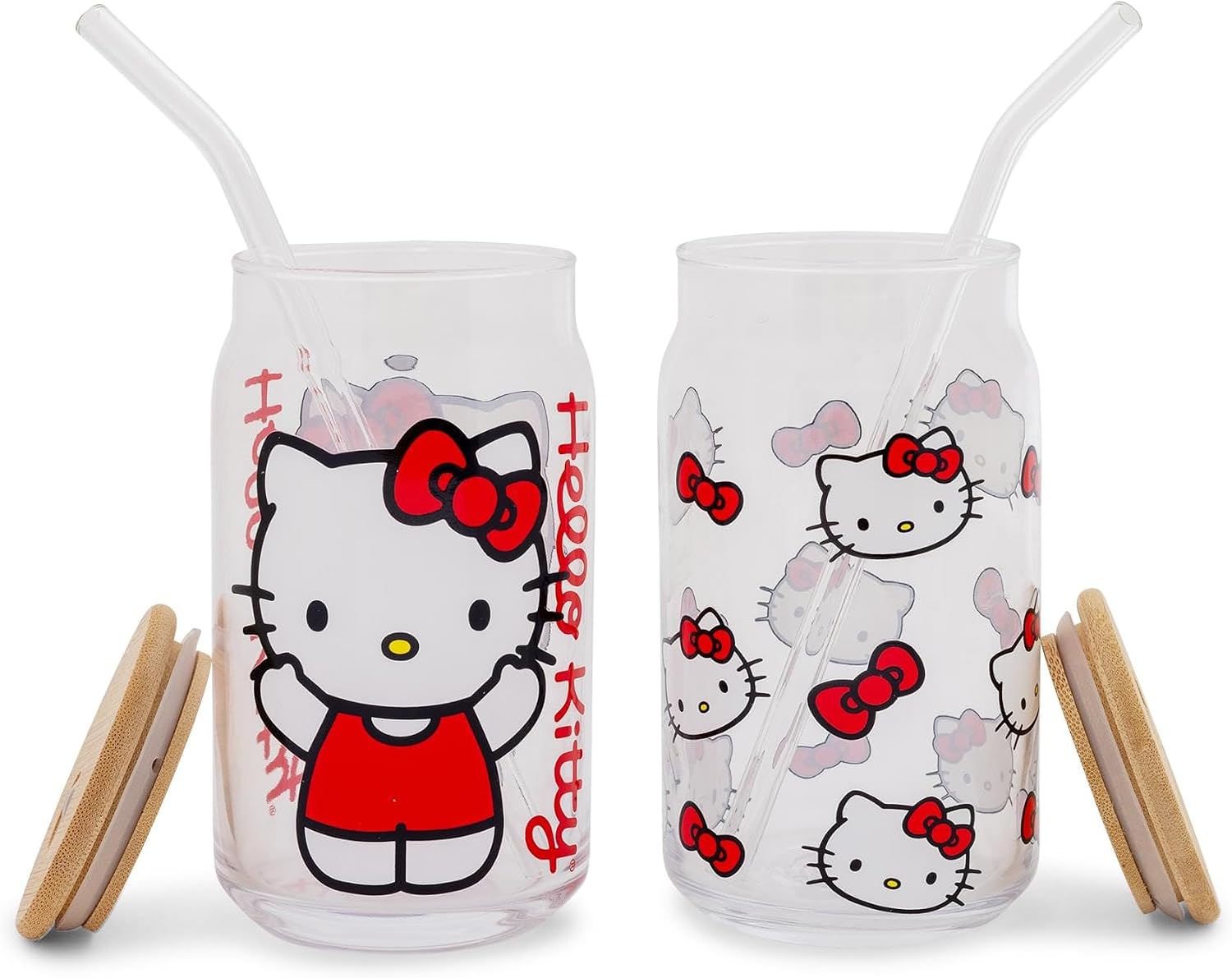 Silver Buffalo Sanrio Hello Kitty Glass Tumbler Set With Bamboo Lids and Reusable Straws | Each Holds 16 Ounces image 2