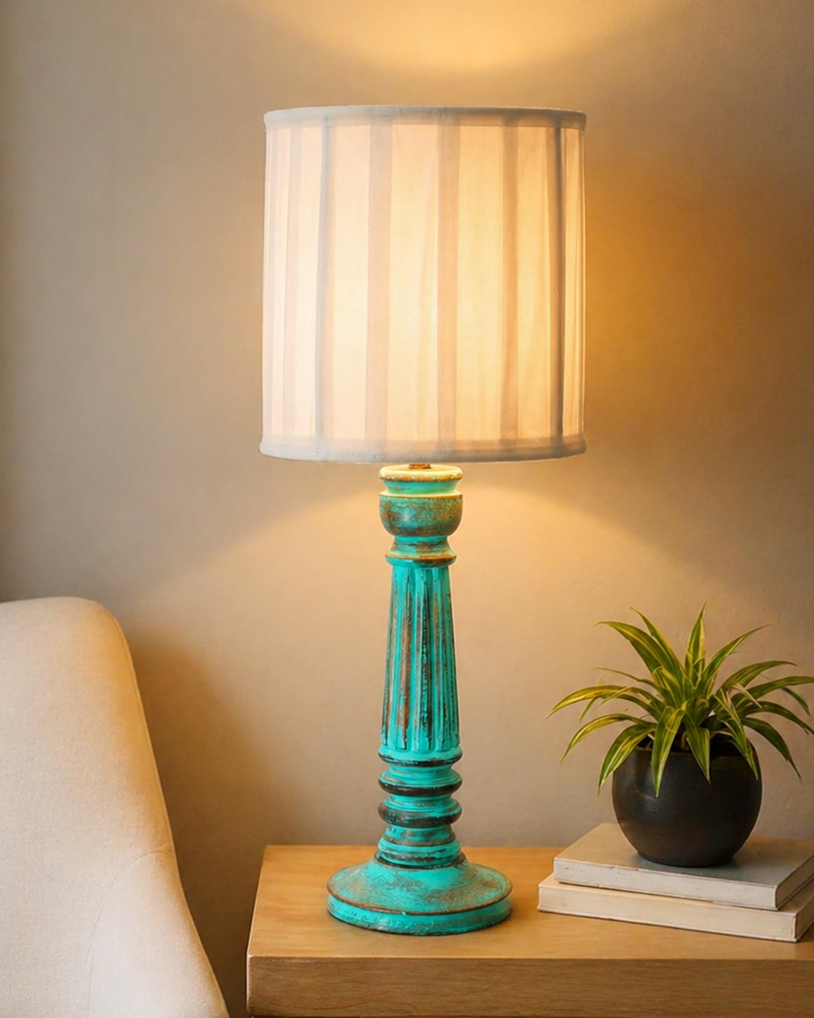 Homesake Traditional Country Cottage LED Table Lamp Antique Algae Athens Desk Lamp For Bedroom Living Room (Pleated White)-picture-21