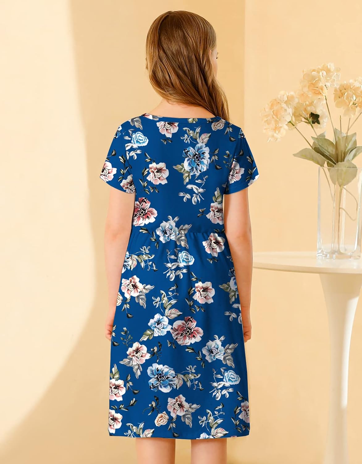 KYMIDY Girls Short Sleeve Floral Dress Kids Boho Casual Twirly Skater Dress with Pockets for Girls 6-13 Years - Image 5