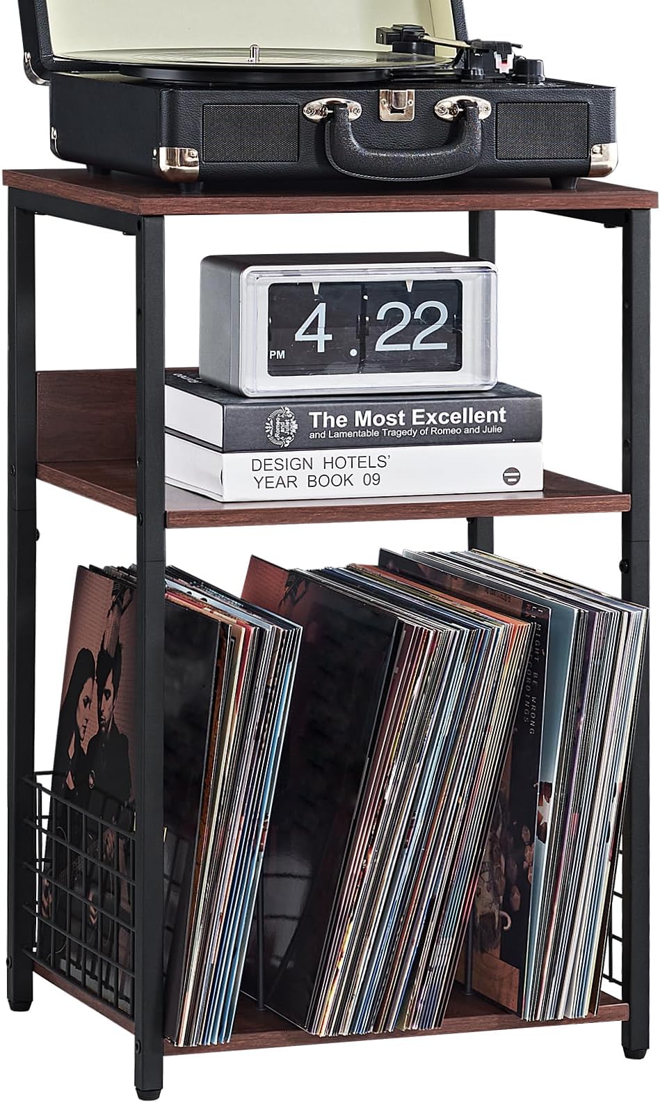 LELELINKY 3 Tier End Table,Record Player Stand with Storage Up to 100 Albums, Turntable Stand for Vinyl, Walnut Couch Nightstand Side Tables for Living Room Bedroom