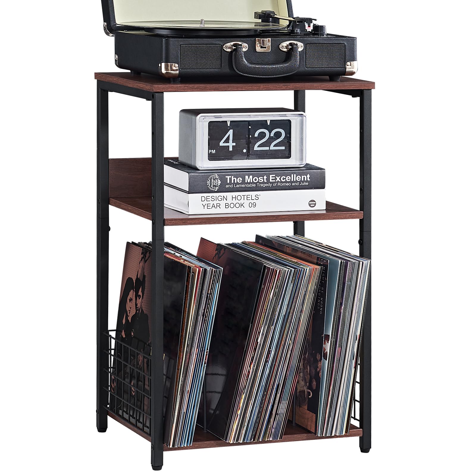 LELELINKY 3 Tier End Table,Record Player Stand with Storage Up to 100 Albums, Turntable Stand for Vinyl, Walnut Couch Nightstand Side Tables for Living Room Bedroom