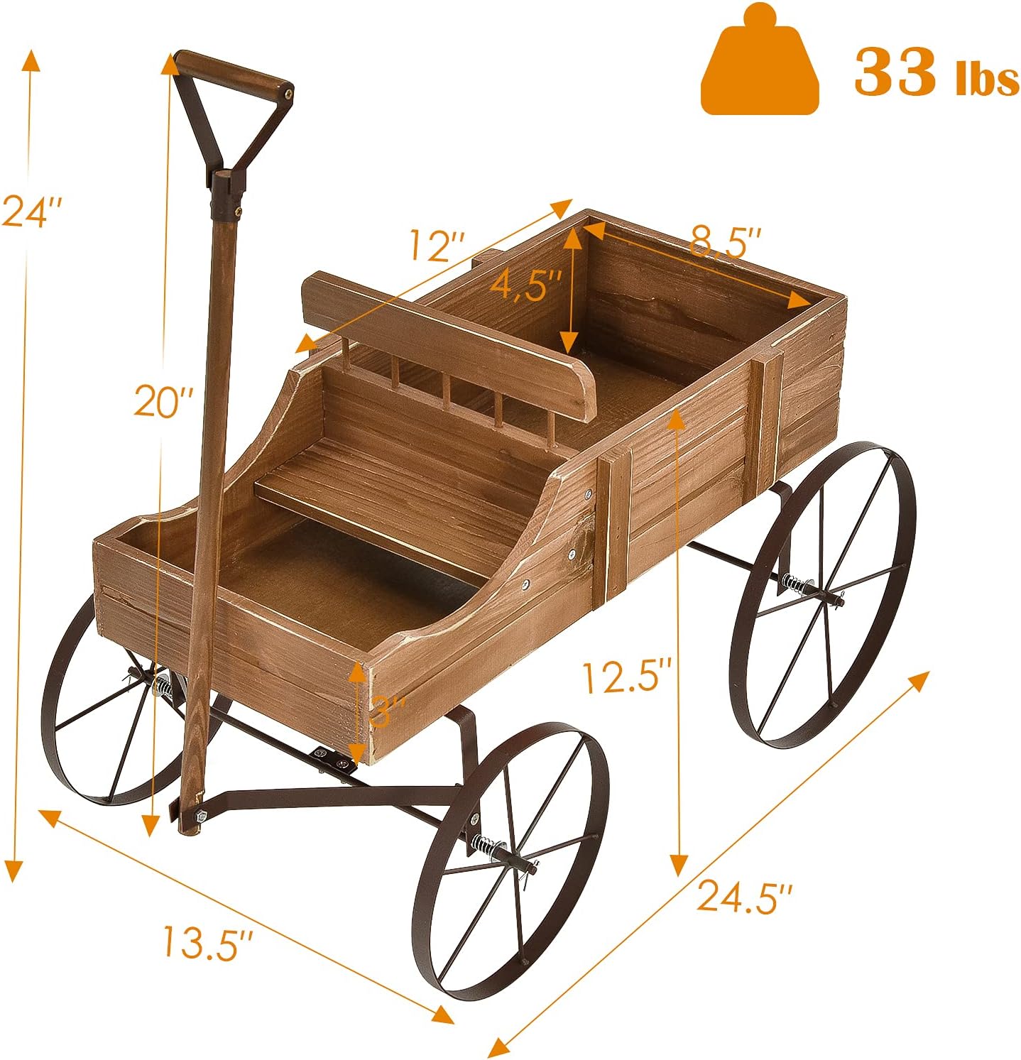 Goplus Wagon Planter, Decorative Wooden Garden Planter with Wheels, 2 Planting Sections and Adjustable Handle, Indoor Outdoor Backyard Balcony Decor (Brown)