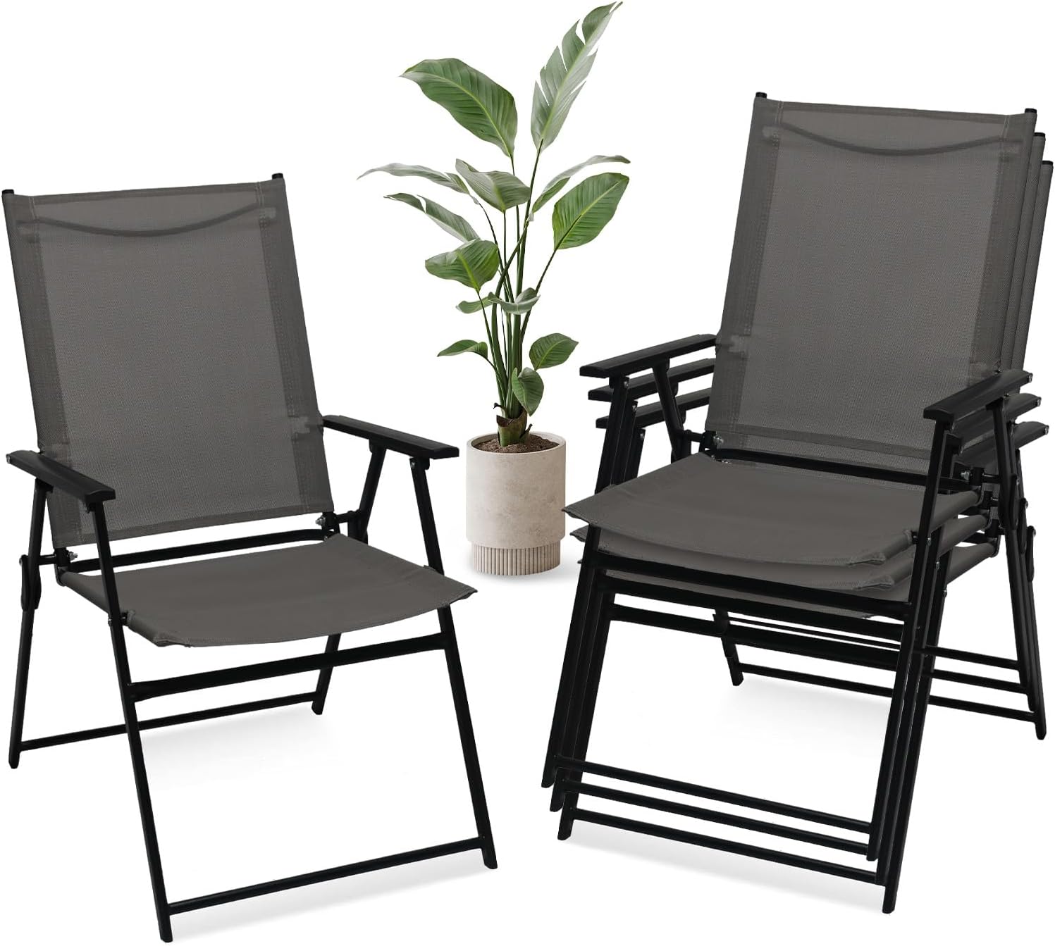 YLGJ&TIDY Folding Outdoor Chair Set of 4 Stackable Outdoor Dining Chair with Armrests Backrest Portable Folding Patio Chairs for Garden Camping Fishing Yard Lawn，No Assembly (Gray, 4 Pcs)