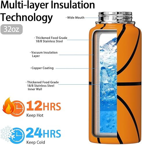 Miniatura 2 de Botella de agua de baloncesto de 32 onzas, botellas de agua deportivas aisladas, regalos de baloncesto para hombres y mujeres, regalo para