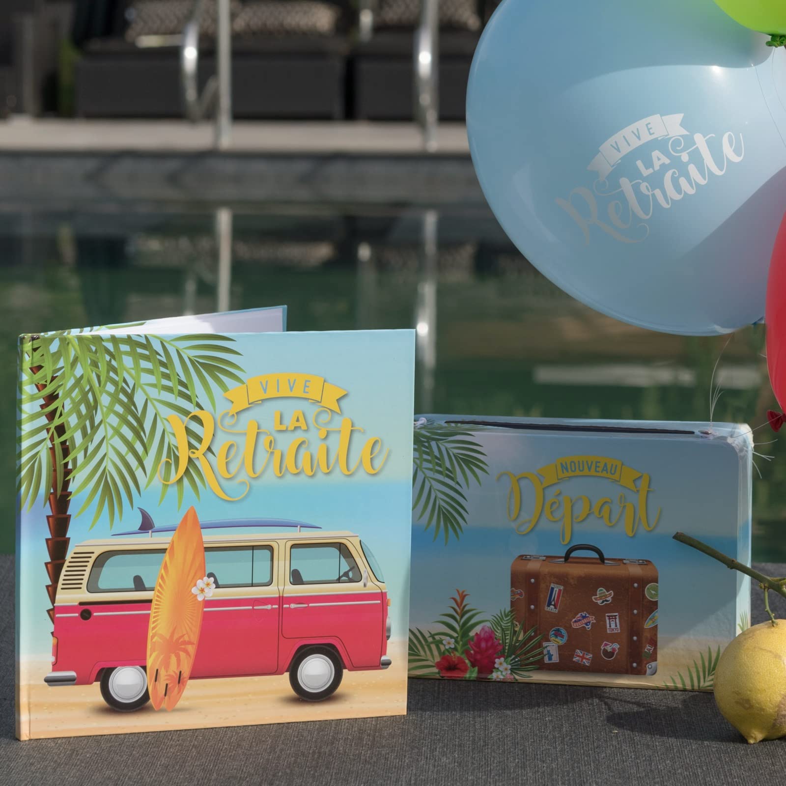 Tirelire urne vive la retraite multicolore avec livre d'or voyage île tropique REF 7671 7672