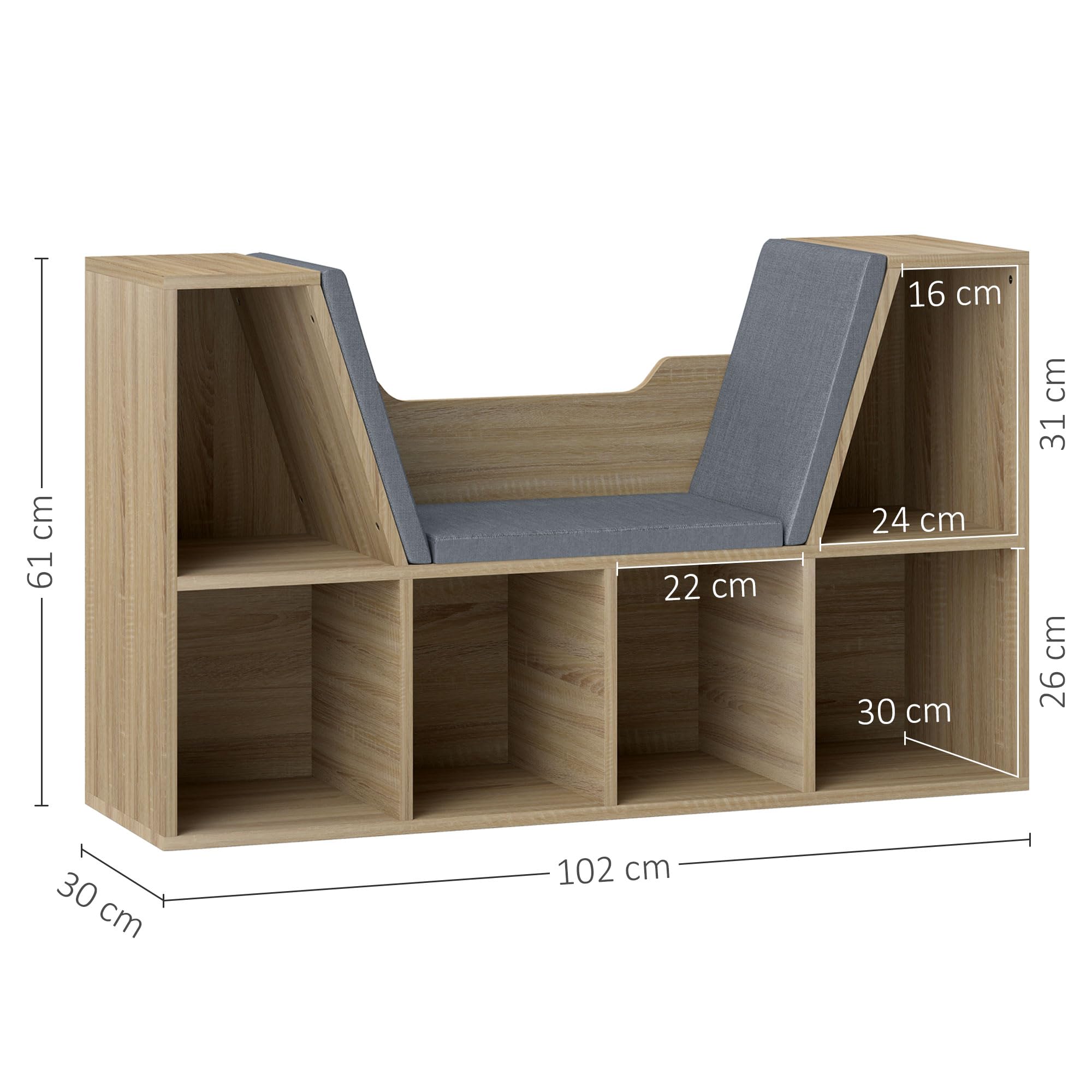 HOMCOM Bibliothèque Banc 2 en 1 avec Coussins de siège, étagère Cube 6 Compartiments Ouverts et 2 Niveaux, Meuble de Rangement pour Salon, Chambre à Coucher, Bureau, 102 x 30 x 61 cm, chêne