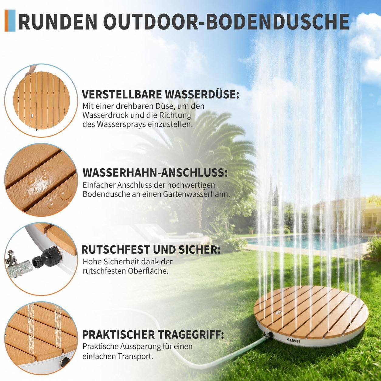 Premium WPC Saunadusche Sommer Pooldusche, Gartendusche Rund mit Fußrad, Außendusche Witterungsbeständig & rutschfest für Spa, Terrasse & Pool, Braun