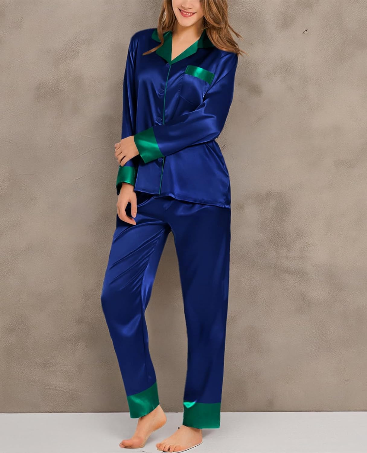 SWOMOG Womens Silk Satin Pajamas Set Long Sleeve Sleepwear Two Pieces Loungewear Set Button-Down Contrast Pjs Set - Image 7