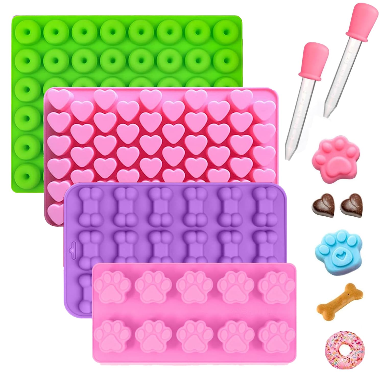 LightBeacon 4 Piezas Moldes Silicona Reposteria, Alfombrilla para Hornear para Perros con 2 Goteros, Alfombrilla para Hornear Juego de Galletas para Perros, para Chocolate, Caramelo, Gelatina