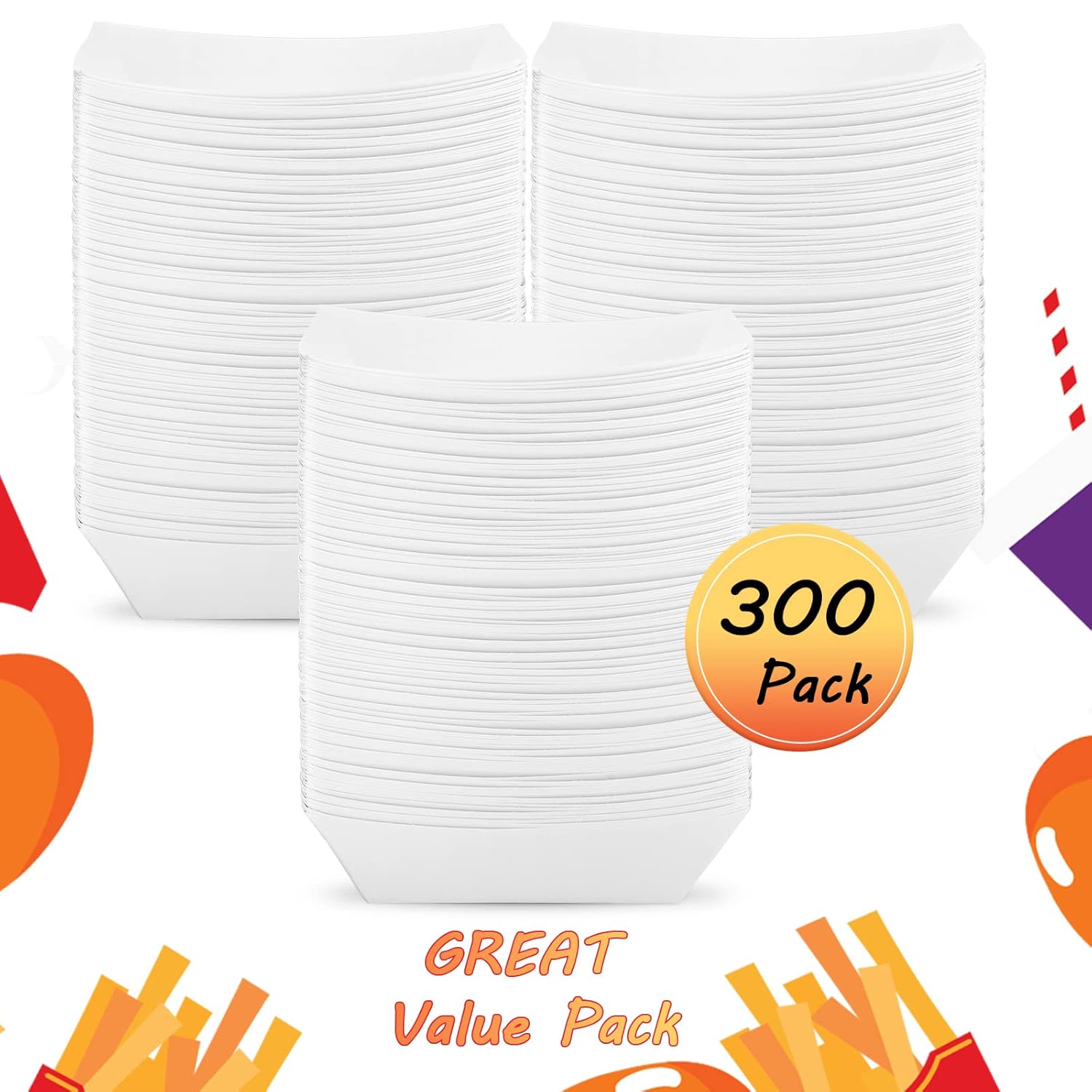 Handepo 300 Pack Food Trays 2lb White Paper Tray Nachos Tray Disposable Kraft Food Boats Food Serving Trays for Hot Dog Bar Popcorn Taco Snack Fast Food Picnic Wedding Birthday Party Favors
