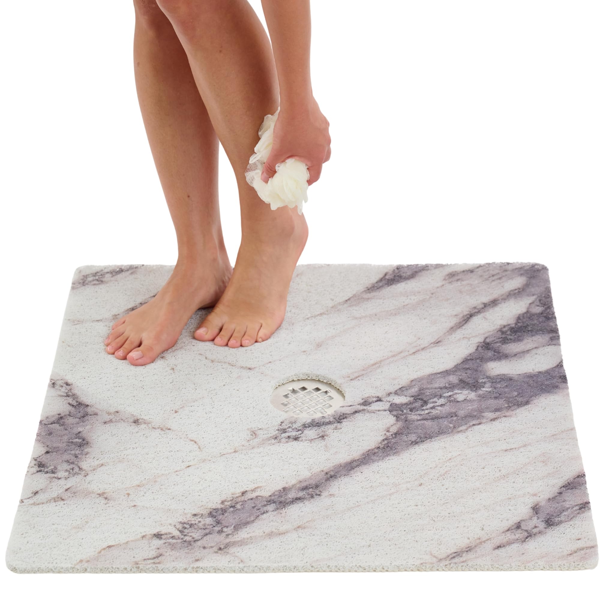Enkosi Loofah Shower Mat with Drain Hole – Cushioned Anti-Slip Square Bath Mat for Showers, Wet Bathroom Floors – Textured PVC, Secure Non Slip Safety Pad for Walk-in Stalls (27x27 Marble Grey)