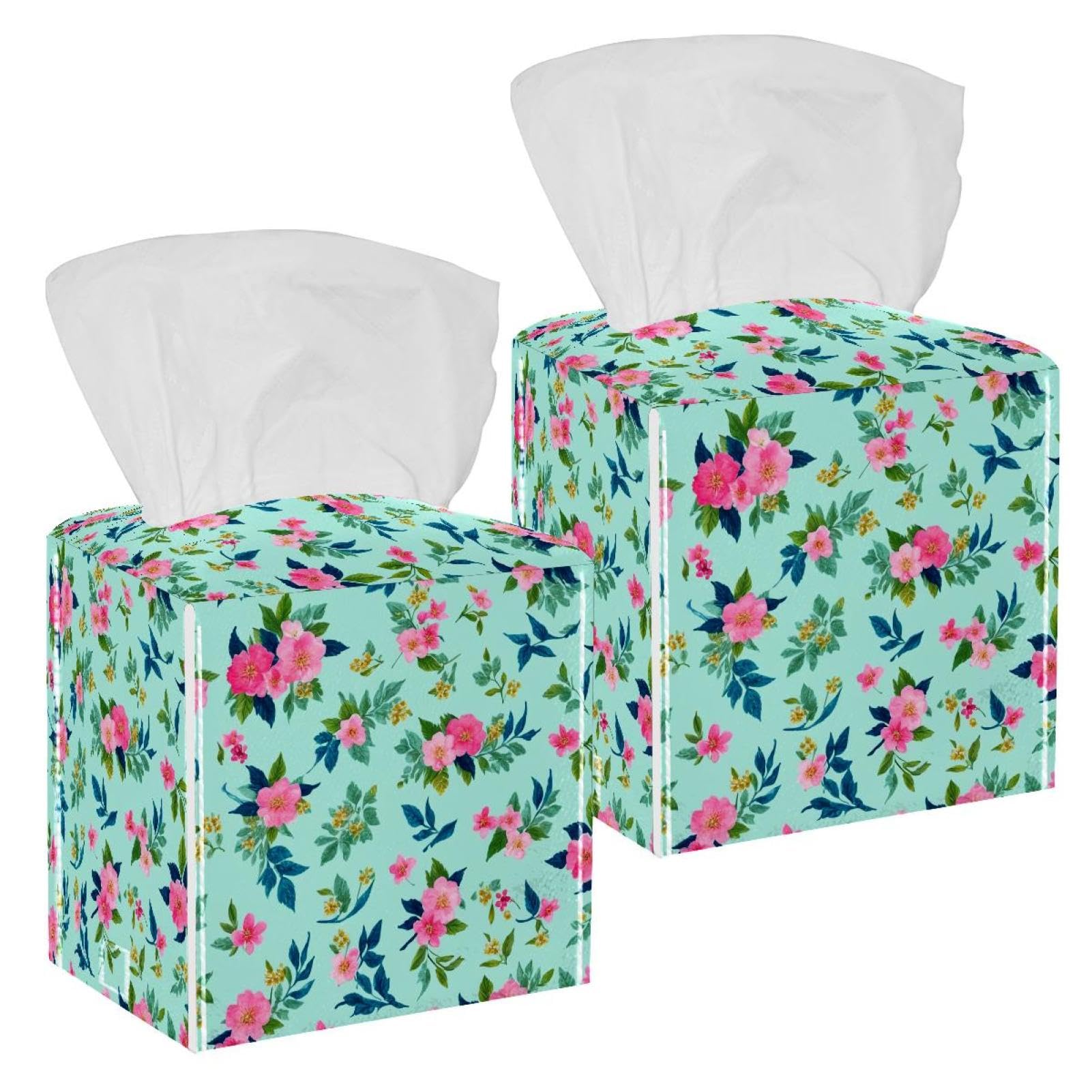 Aesthetic Flower Tissue Box Cover, 2 Pack PU Leather Square Facial Tissue Dispenser Box holder for Home Office Car