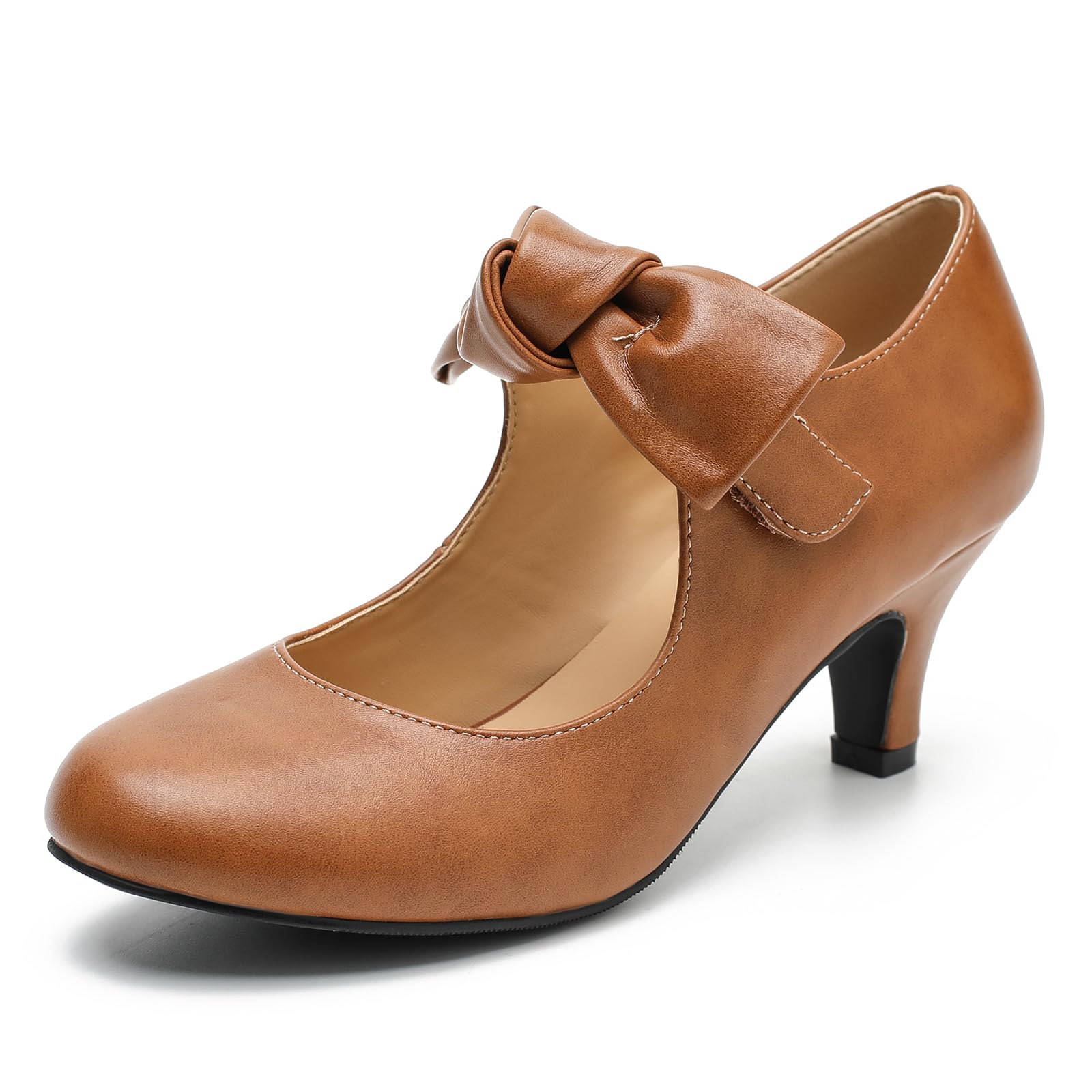 LIURUIJIA Women's Bow Heels Mary Jane Kitten Heel Pumps Round Toe Low Heels Ankle Strap Wedding Evening Party Dress Shoes