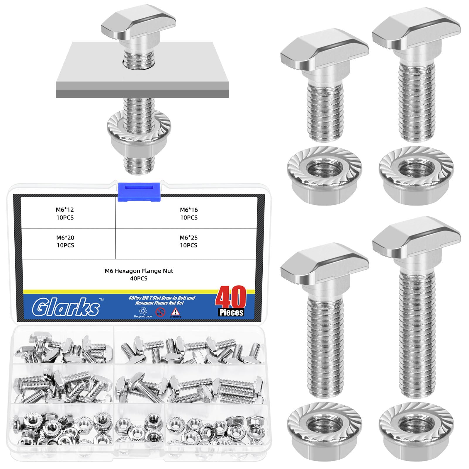 Glarks Lot de 80 boulons M6 en T avec écrou à bride hexagonale, 12/16/20/25 mm, boulon en T à tête de marteau, vis coulissantes en forme de T, goujon à vis en T pour profil en aluminium série 30
