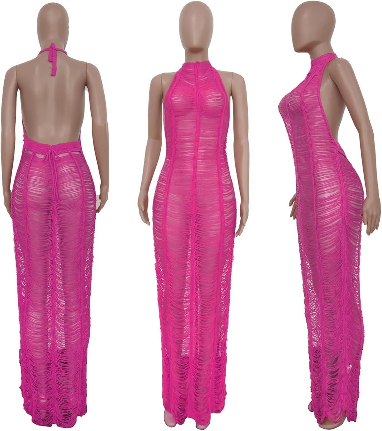 Women Sexy Crochet Swimsuit Cover Up Halter V Neck Backless See Through Long Maxi Dress Summer Beach Bikini Cover Ups - Image 5