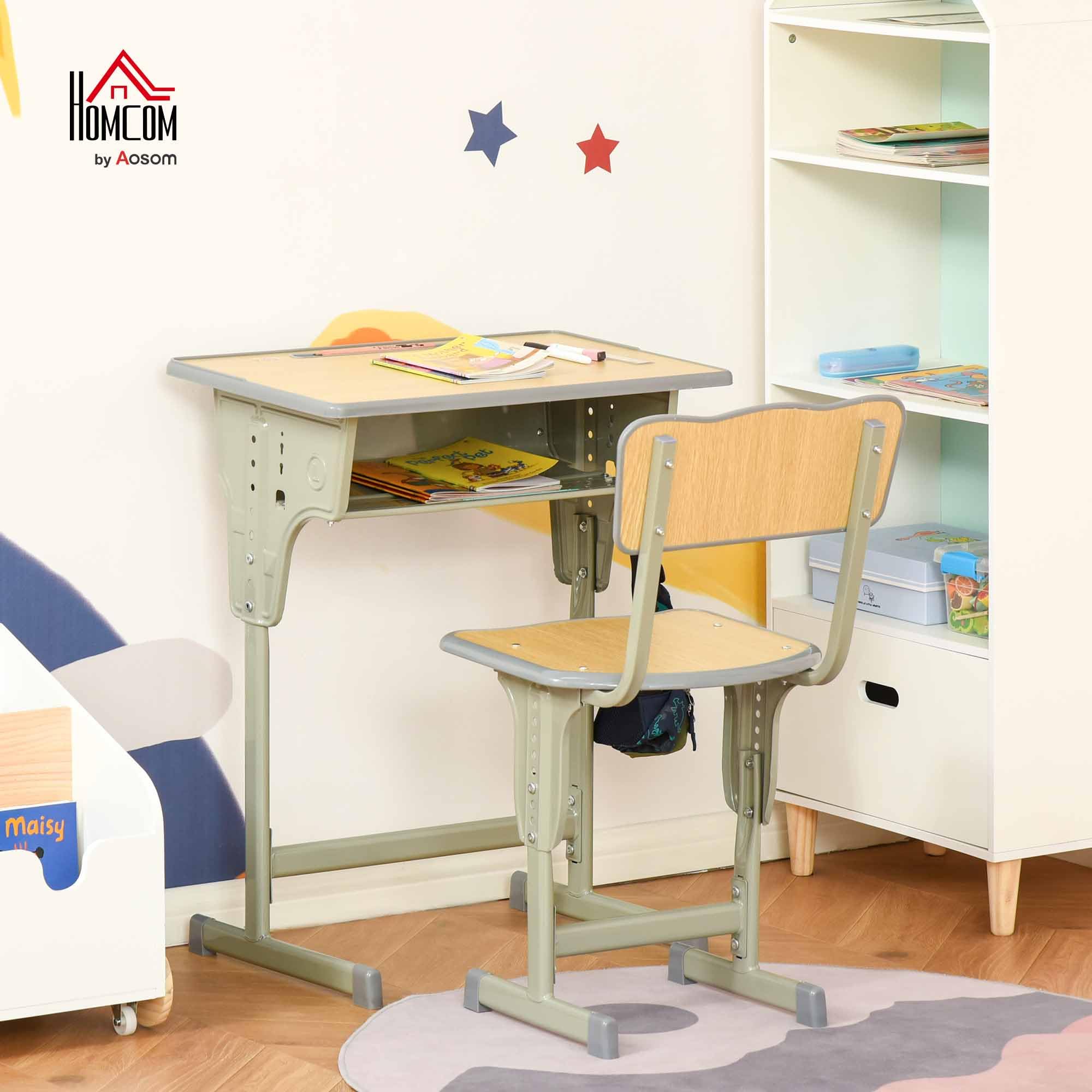 HOMCOM Banco Scuola con Sedia per Bambini 6-12 Anni, Scrivania per Bambini con Altezza Regolabile, Vano Contenitore e Portapenne, Acciaio e MDF, Color Legno