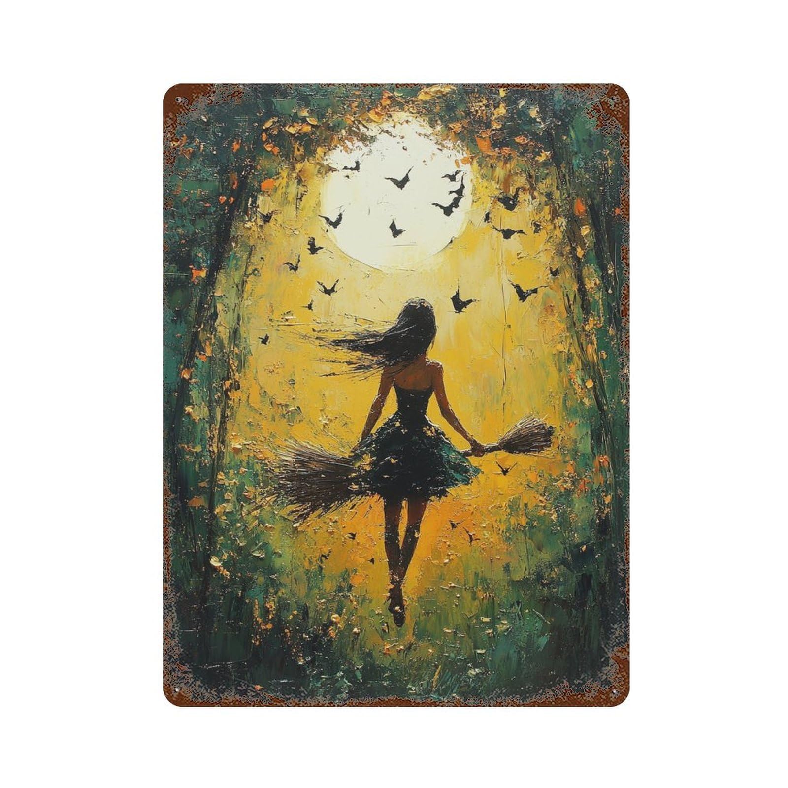 Moonlit Witch Flight Rust Effect Tin Sign 15.7"x11.8", Decorative Metal Wall Art for Living Room, Hallway And Home Decor