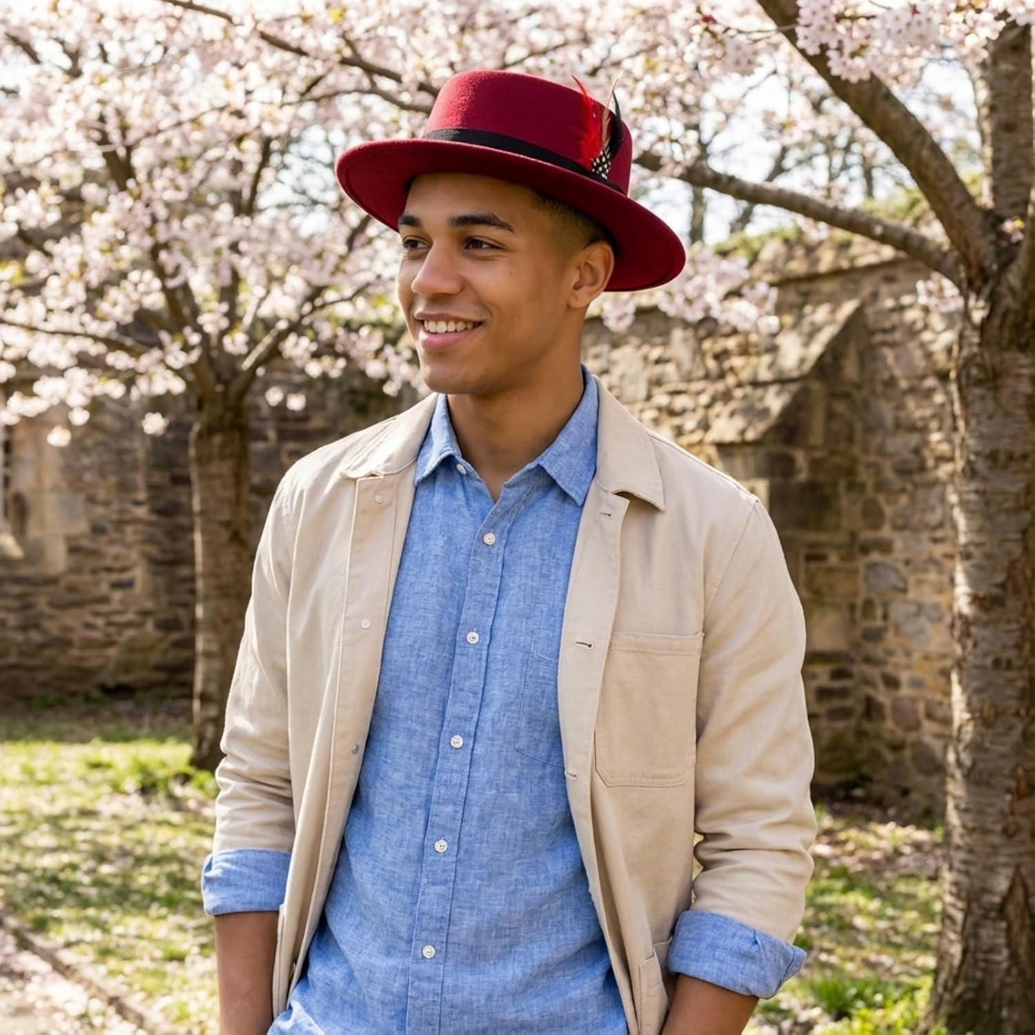 Wool Felt Fedora Hats for Women Men, Wide Brim Flat Top Hat Porkpie Hat, Jazz Hat with Feather Unisex - Image 2