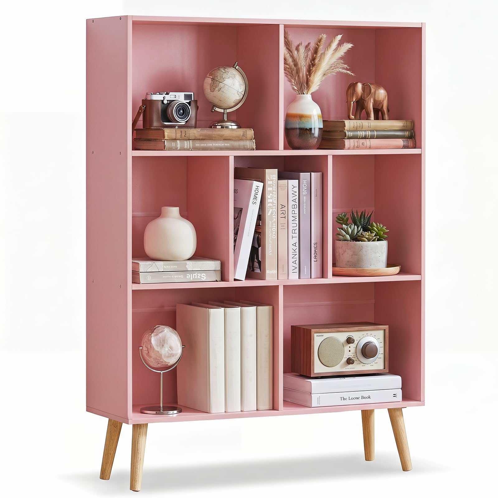 YAHARBO Light Pink Bookshelf,3 Tier Book Shelf with Legs, 7 Cube Minimalist Bookcase,Storage Organizer Shelves Display Bookcases for Bedroom,Living Room
