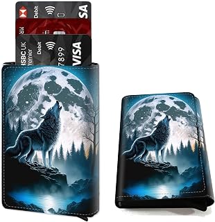 DEGDFSGR Credit Card Holder Aluminum Auto Pop Up Wallet Case,Leather Card Case Front Pocket Trifold Wallet with RFID Blocking Banknote Slot Thin Wallets for Women Men Girl,Howling Wolf Moon