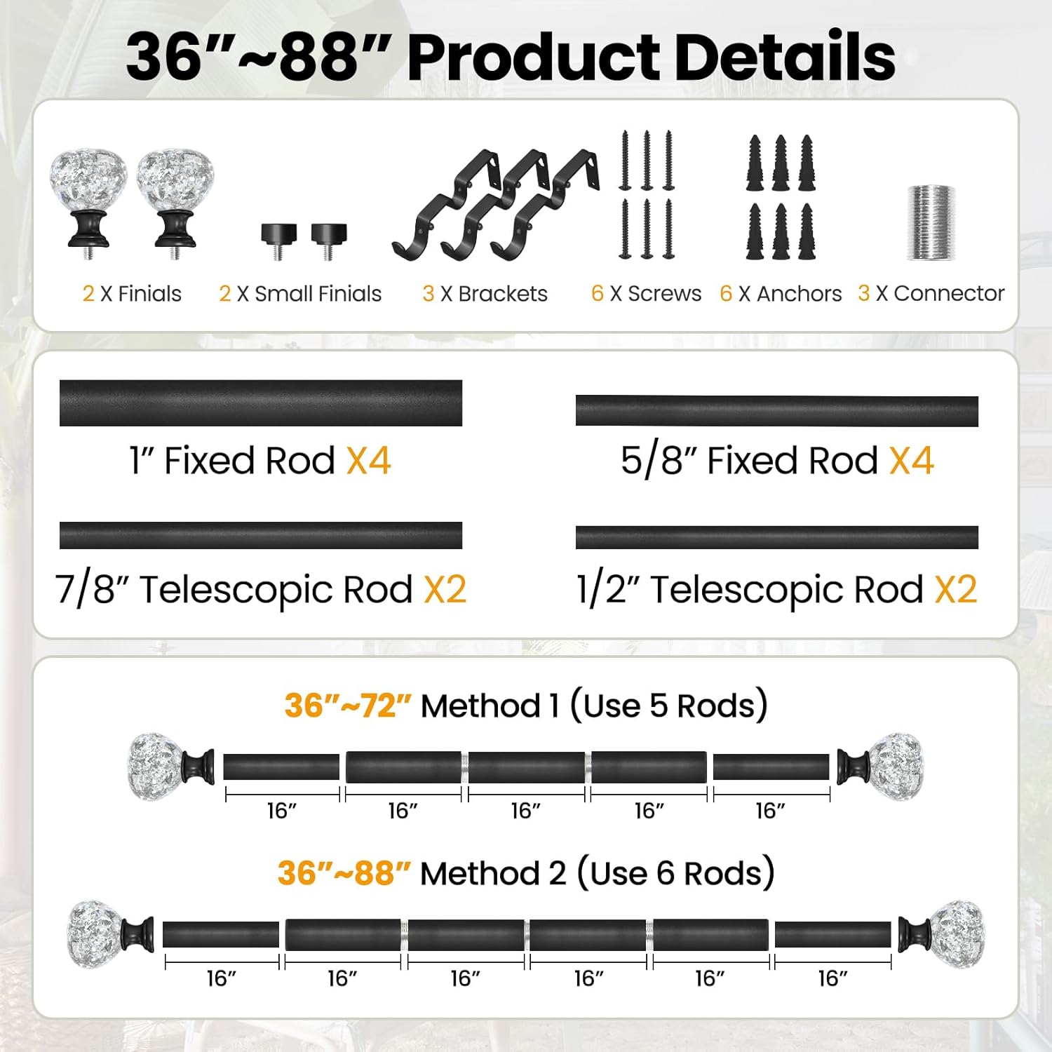 Matte Black Double Curtain Rod for Windows 48 to 84 Inch: Double Window Treatment Curtain Rod Heavy Duty Adjustable from48 to 84 Inch - Silver Foil Resin Finials and Double Curtain Rod