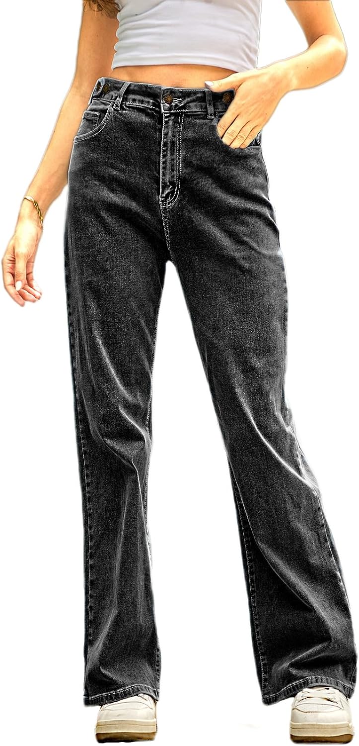Baggy Wide Leg Jeans for Women - Elastic High Waisted Stretchy Tummy Control Boyfriend Denim Pants Trouser Trendy