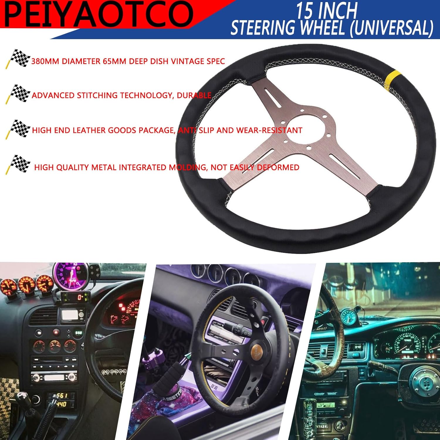 15”Auto Racing Steering Wheel 380mm Car Sport Steering Flat Drifting 6 Bolts Wheel Pu Leather and Aluminum Spokes with Horn Button