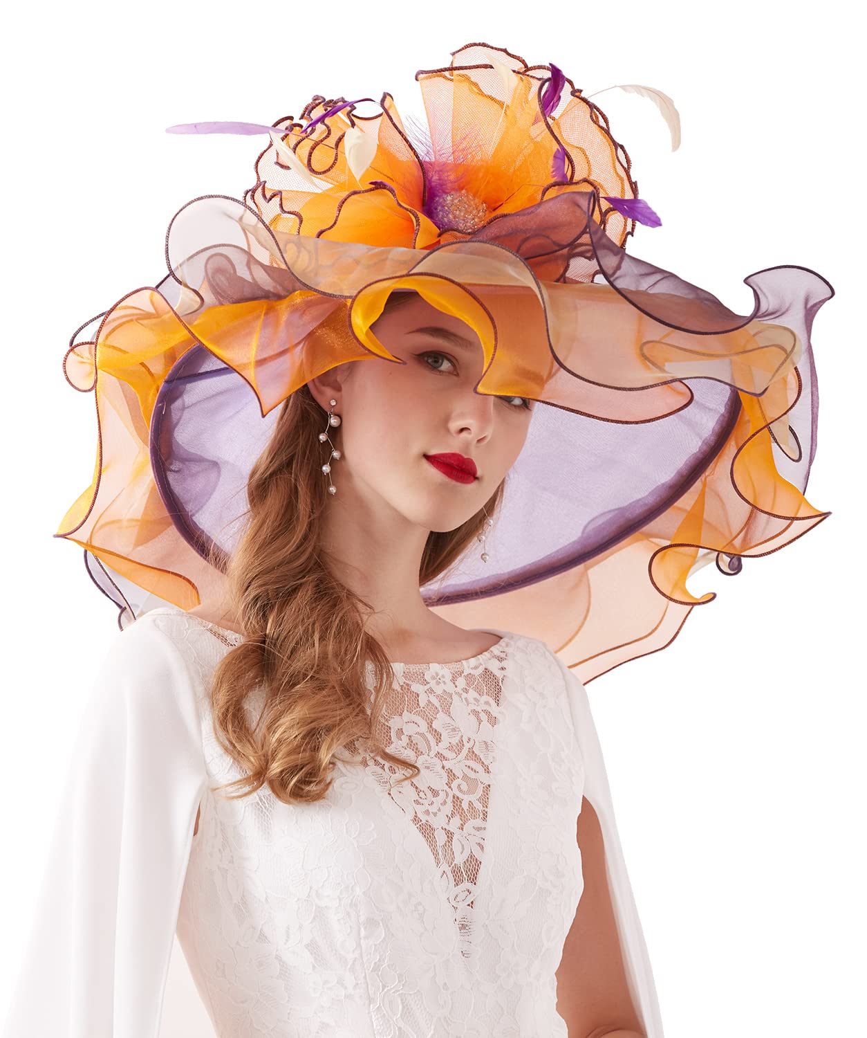 ELLYDOOR Women Derby Church Hat Organza Flower Wedding Tea Party Fascinator Hat Wide Brim Sun Hat