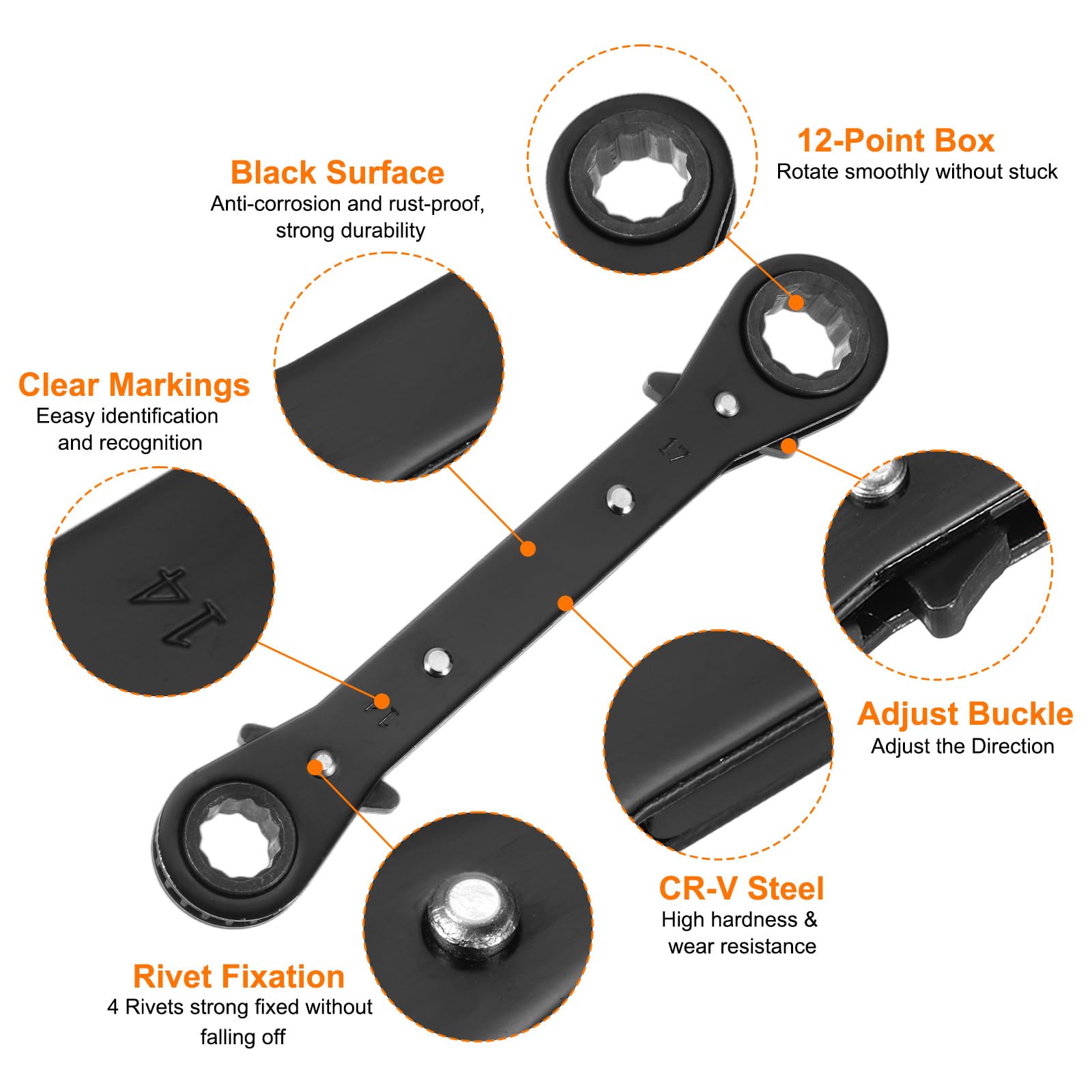 Chiave a cricchetto Reversibile a Doppia estremità 14 mm x 17 mm in Acciaio CR-V, Rotazione a 180 Gradi, metrica, Doppia Testa, 12 Punte, 24 Denti, Regolabile, Nera