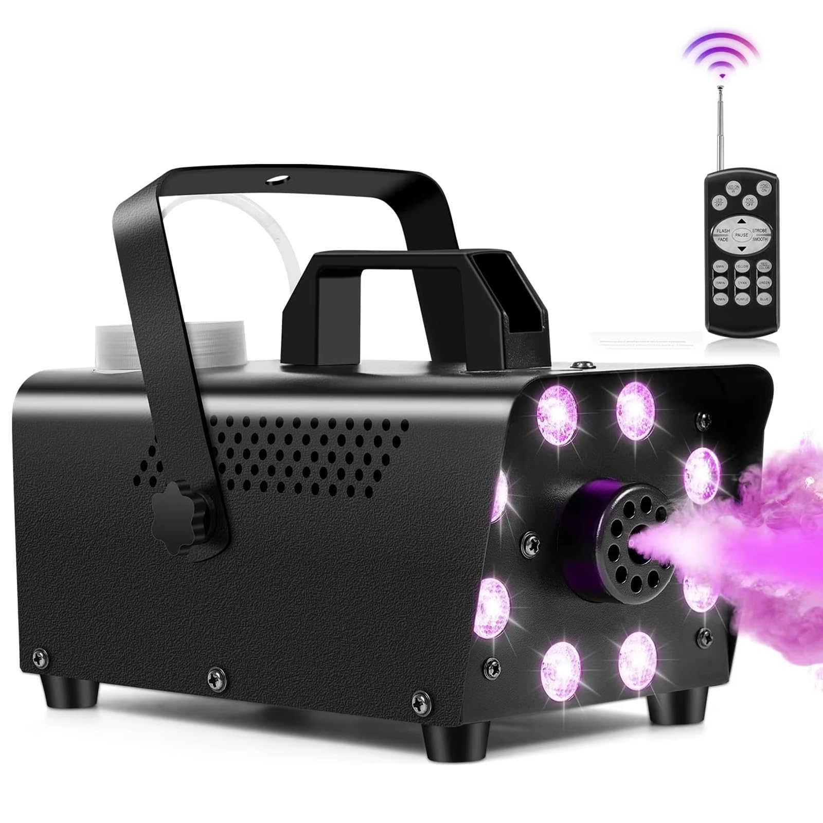 Máquina de humo, máquina de niebla con 8 luces LED con 13 colores y 4 efectos, niebla 2000 CFM 500 W pequeña máquina de niebla con controles remotos inalámbricos, para bodas de Navidad de Halloween