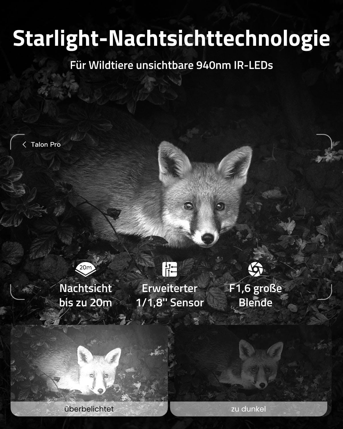 4G LTE Wildkamera mit SIM-Karte, 4K 8MP UHD, Live View jederzeit und überall, 0,2 Sek. Auslösezeit, 940nm unsichtbare IR-LEDs, Bewegungserkennung, Serienbildmodus, Cloud Speicher, Talon Pro