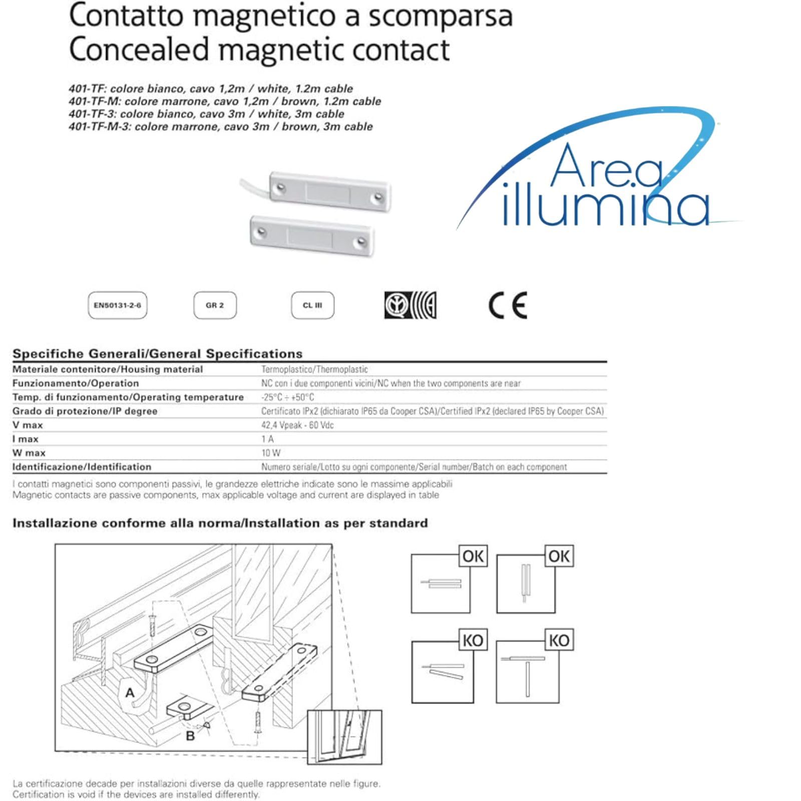Contatto Magnetico a Scomparsa per Porte e Finestre, Bianco o Marrone, Termoplastico, 53mm, Cavo 1,2m (Marrone)