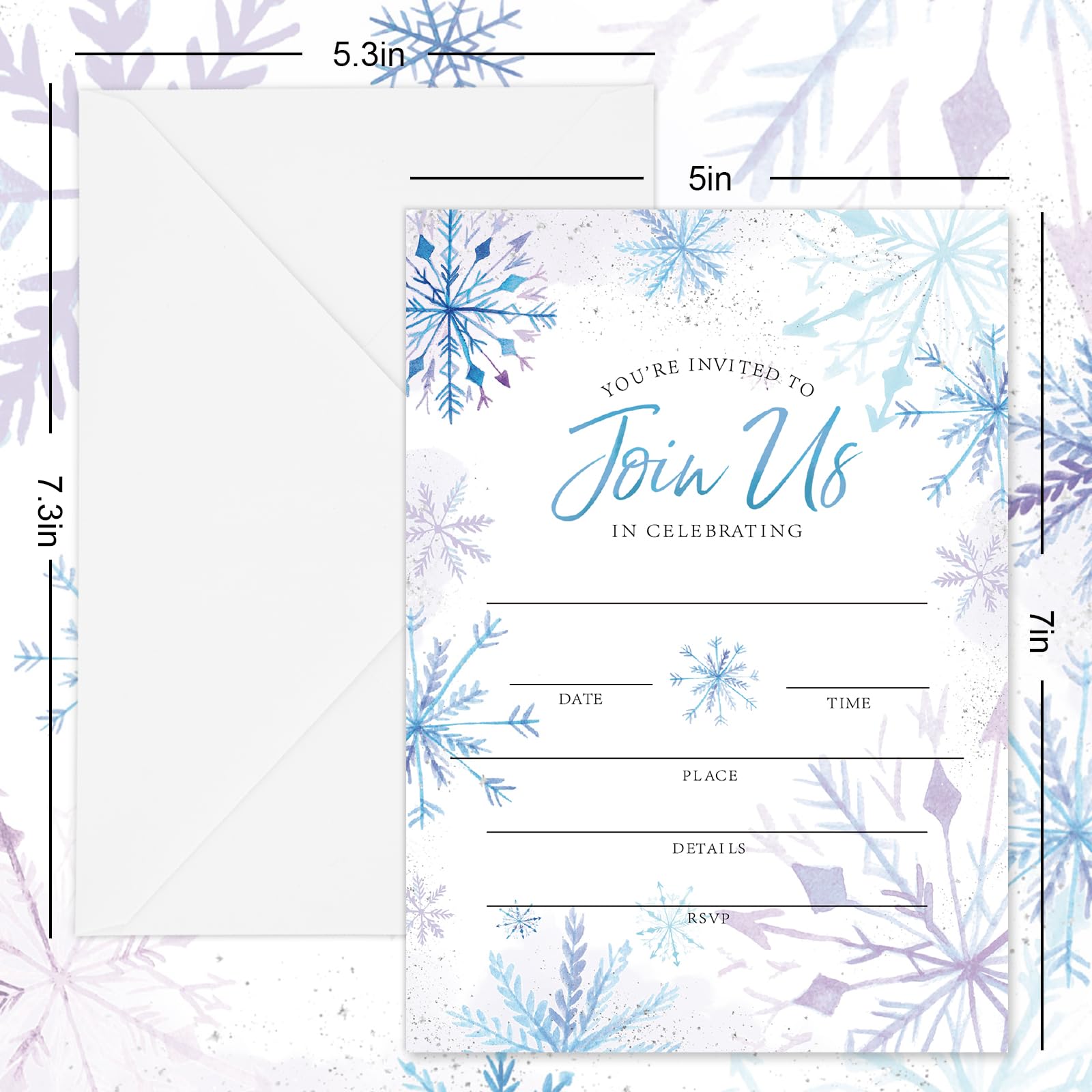 AnyDesign Christmas Invitations 20 Sets Purple Blue Snowflake Invitation Cards with Envelopes Stickers Winter Blank Invites for Baby Shower Wedding Birthday Dinner Party, 5 x 7 Inch