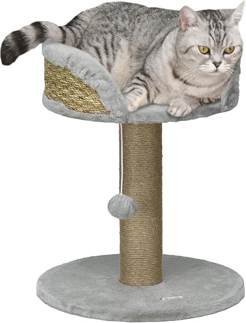 PawHut Small Cat Tree with Scratching Post, Perch, Toy Ball, Cat Tower for Indoor Cats - 16" x 16" x 19", Grey