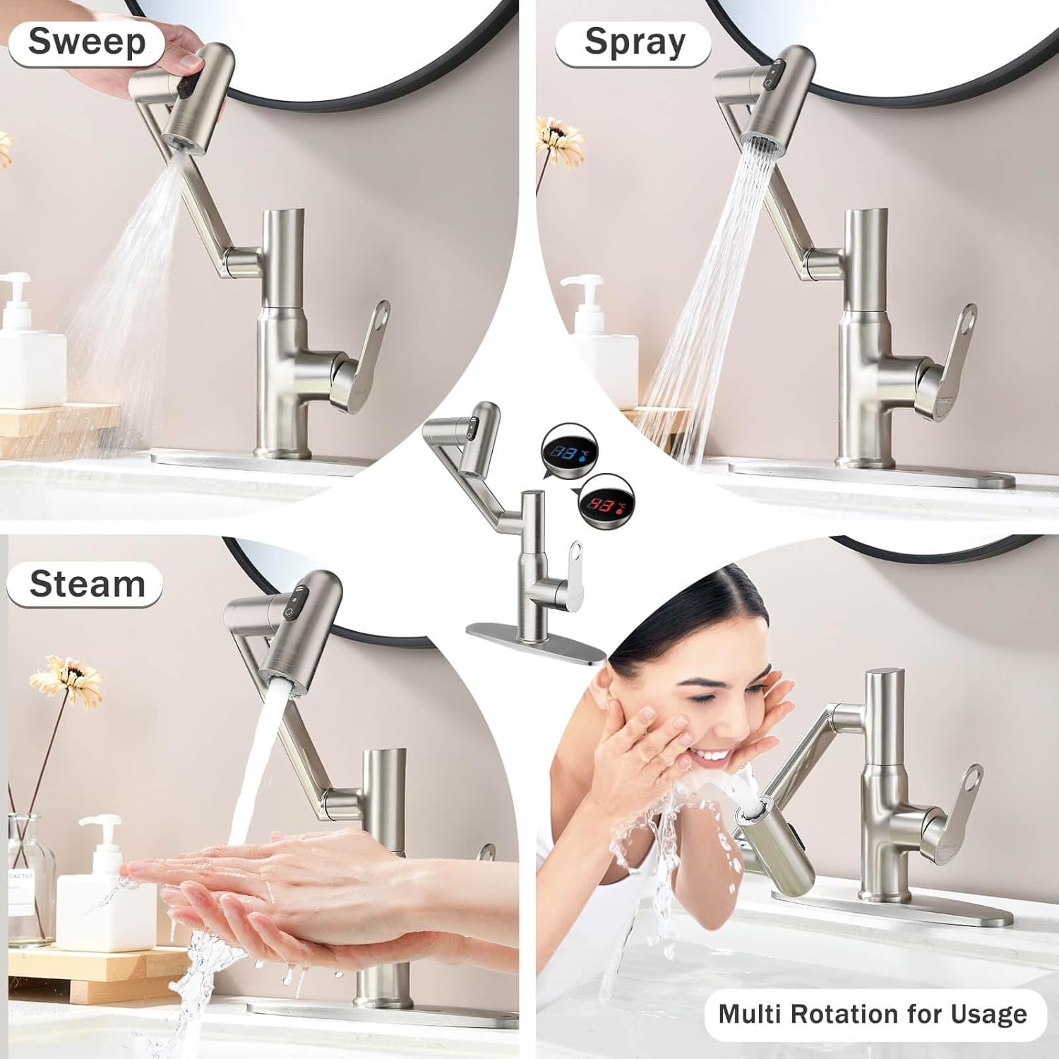 Rotatable Bath Faucet with Temp Display in Celsius, Single Hole Brushed Nickel and 3 Outlet Modes Faucet, Battery-Free