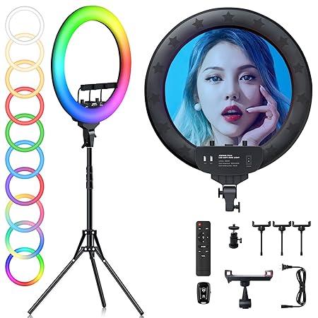 RGB Ring Light 18 inch, LED Ring Light with Stand and Phone iPad Holder 49 Color Modes 3000K?6500K Dimmable 10 Brightness Levels for Live Stream/Makeup/TikTok/YouTube/Photography/Zoom Calls