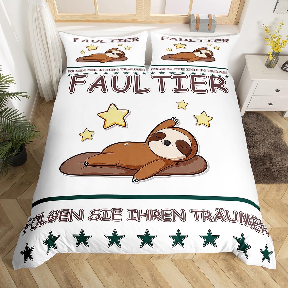 Homemissing Sloth Bedding Set Double Cute Sloth Duvet Cover Set Cartoon Animal Print Kawaii Beds Set Natural Theme Beds for Kids Boys Girls Breathable Bedding Set
