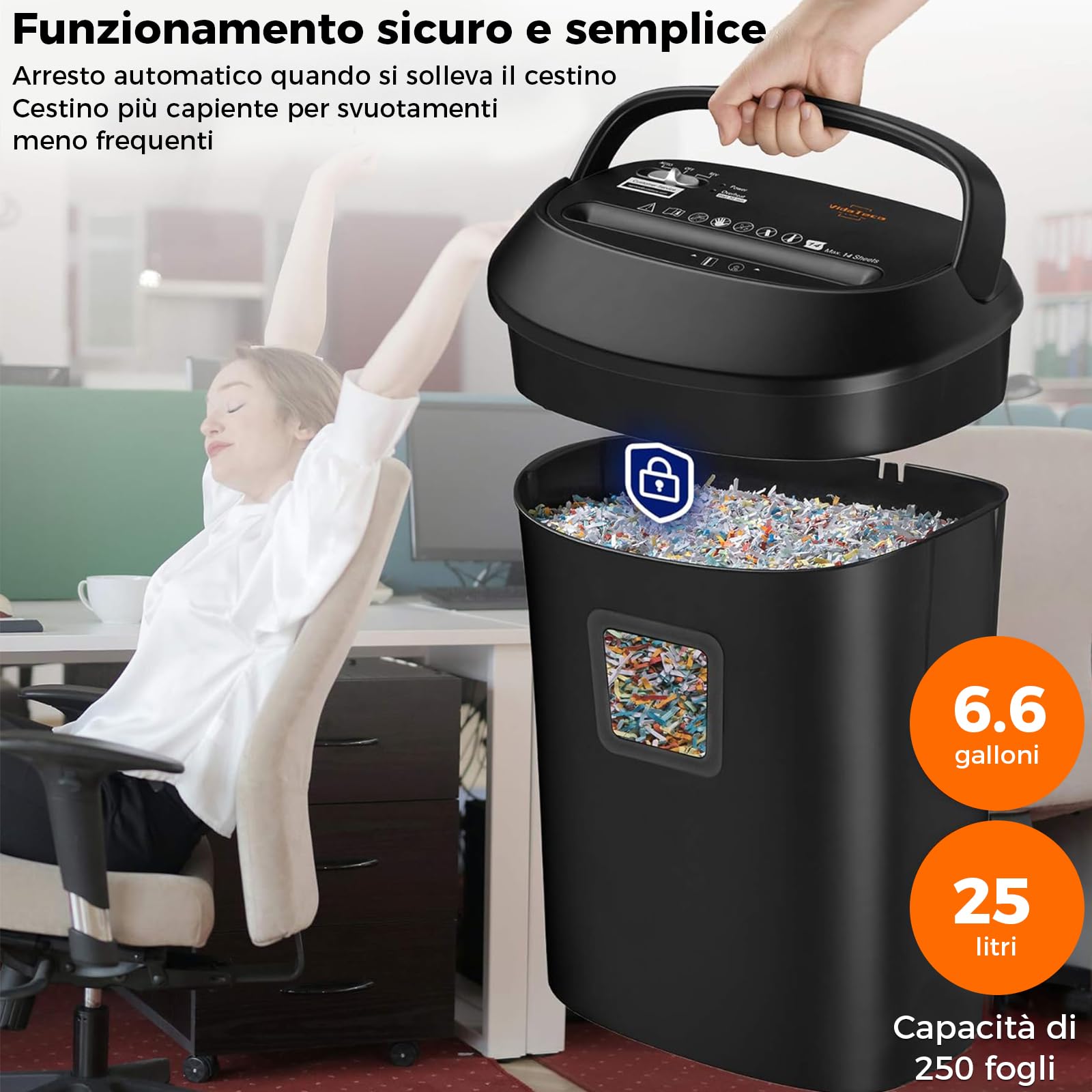 Tritacarte Distruggi documenti ufficio, VidaTeco Trituratore a 14 Fogli a Taglio Incrociato con Funzione Distruggi CD e Carte di Credito, Design con Impugnatura Portatile e Cestino da 25 litri
