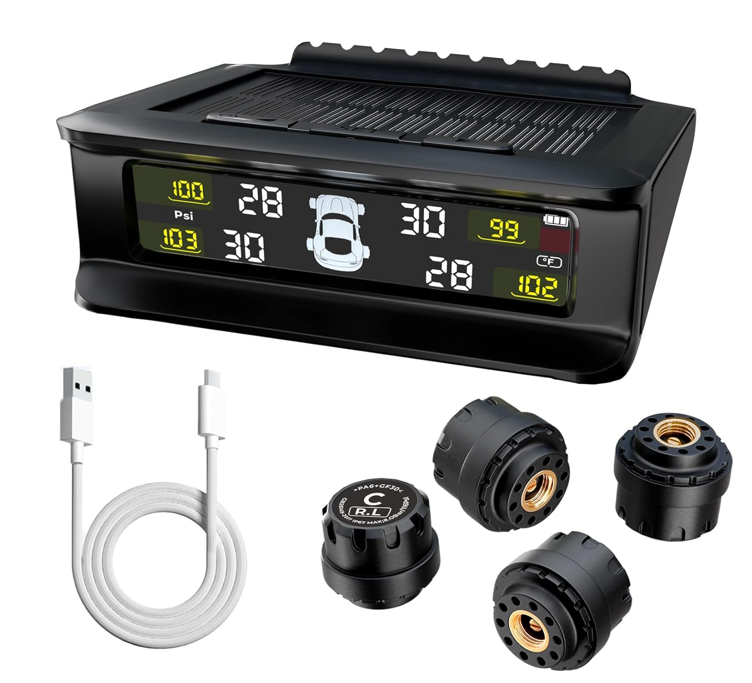 GH1200 Tire Pressure Monitoring System with 4 Sensors, Solar & USB-C Charging TPMS, 6 Safety Alarms, HD Display Tire Pressure Monitor with auto-Backlight, (0-87 Psi) Range, TPMS for RV, Sedan & SUV