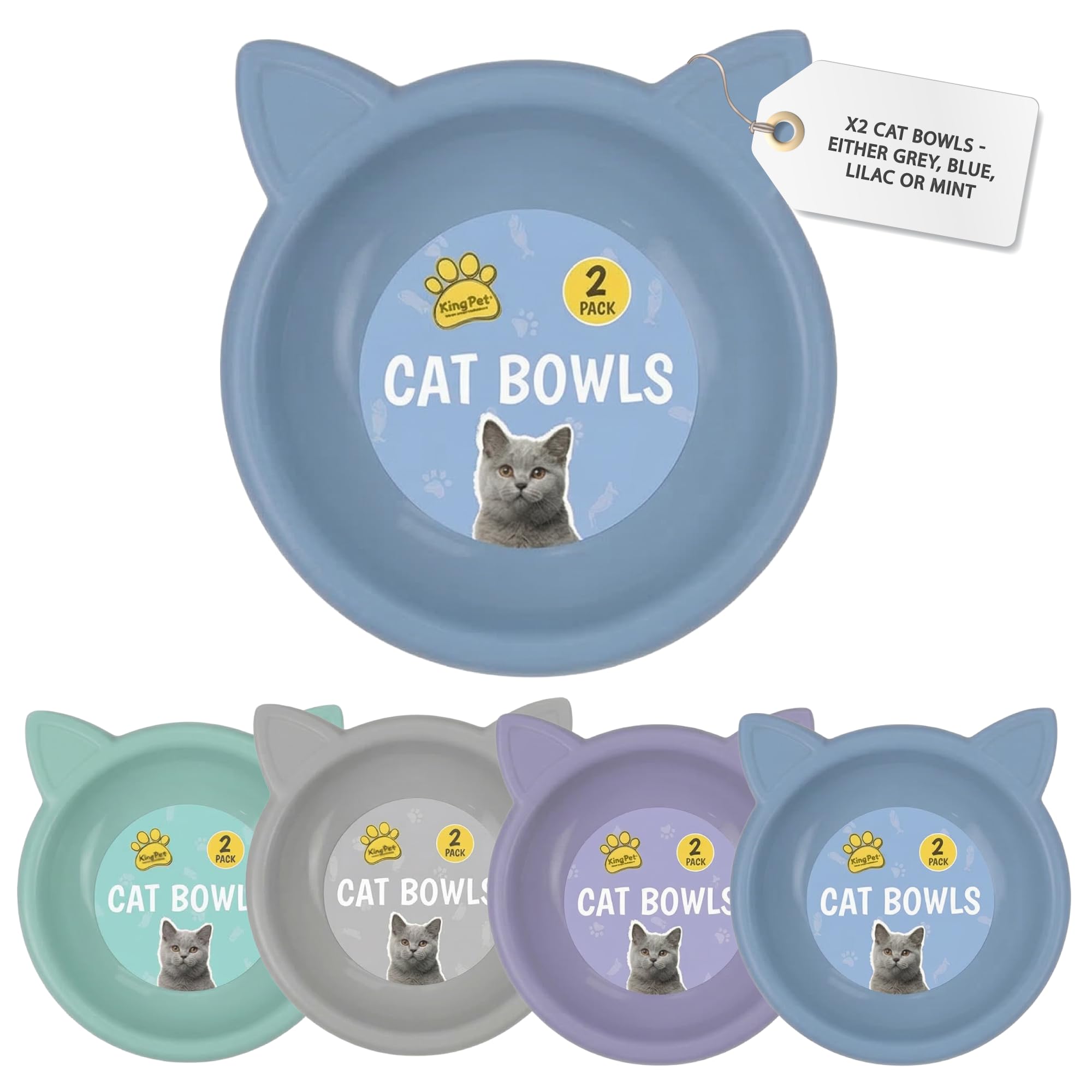 Cat Bowls 2 Pack, Shallow Feeding and Watering Bowl Set for Cats and Kittens, Embossed Face Pet Dishes, 11.5cm, 4 Assorted Colours