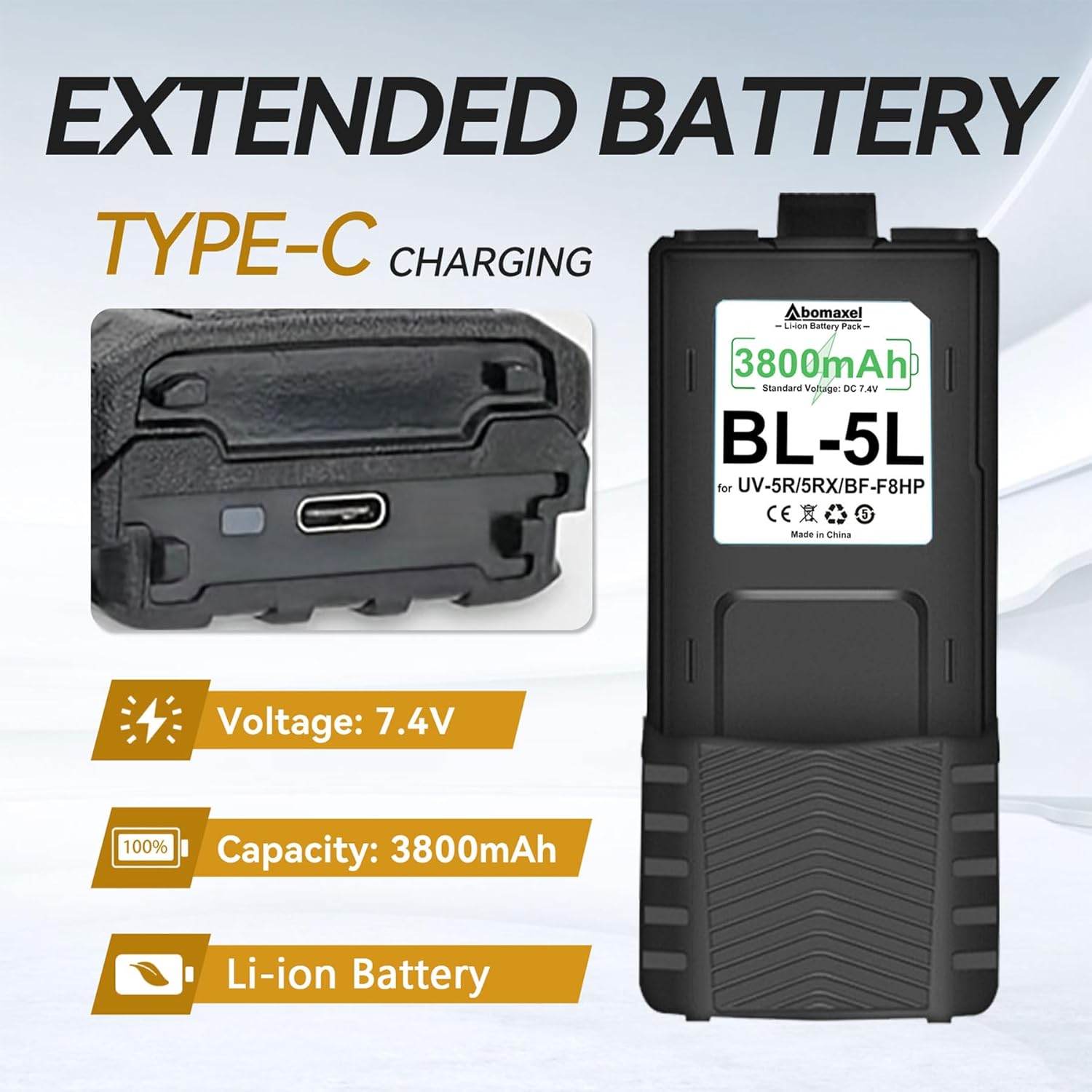 2 Pcs Replacement Battery for Walkie Talkie, Type-C Charging, Upgraded Battery of BL-5, BL-5 Extended Battery, 3800mAh 7.4V Li-ion Polymer Battery Pack, Compatible with UV-5R UV-5RX BF-F8HP Series