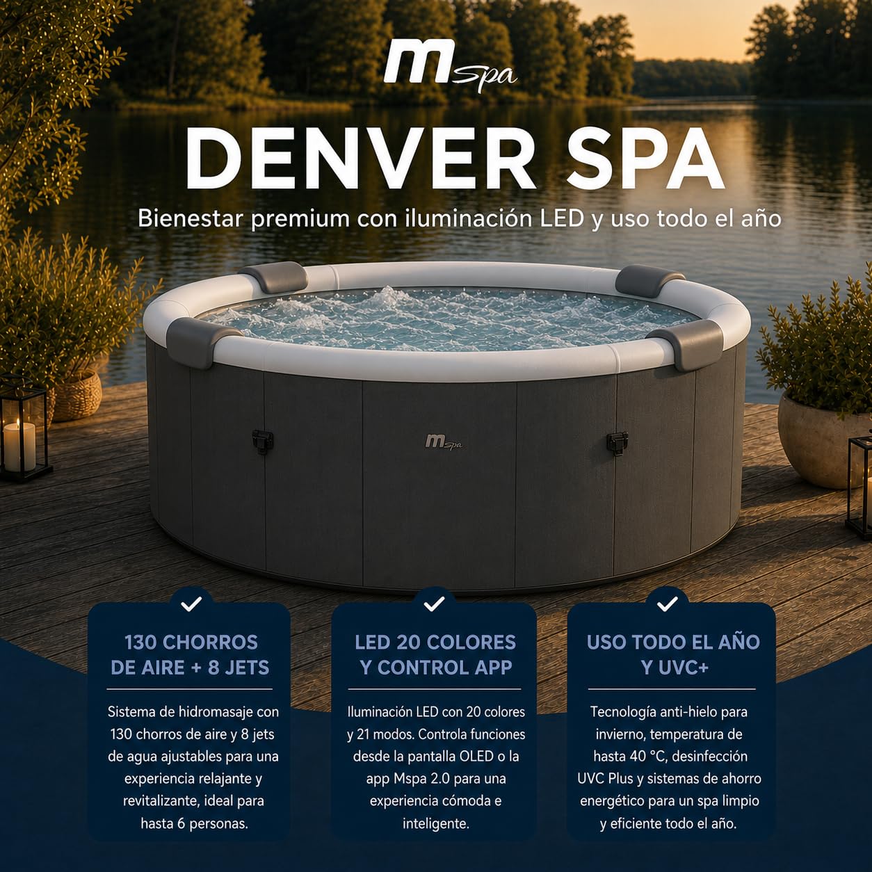 MSpa Denver SPA rígido Circular 4-6 Personas con Jets EcoPulse, Burbujas Air Jet, calefacción, LED, ozono y desinfección UVC+