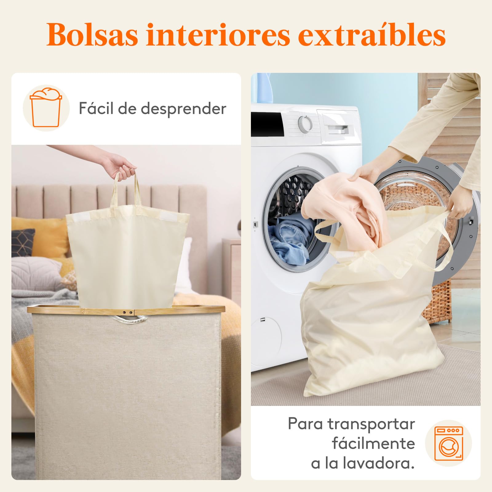 Lifewit 150L Cesto Ropa Sucia con Tapa, Grande Cesta para la Ropa Sucia con 3 Compartimientos y 3 Bolsas, Cubo Ropa Sucia para Dormitorio, Baño y Lavadero, Beige